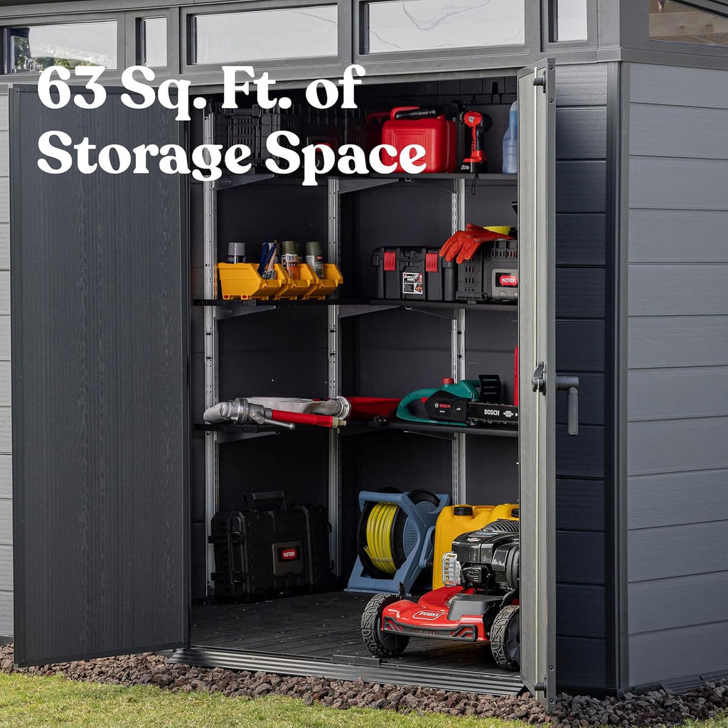 Keter Cortina 9x7 Ft All-Weather Storage Shed with Skylight, Window, Built-in Ventilation, Customizable Walls, & Lockable Double Doors, Graphite