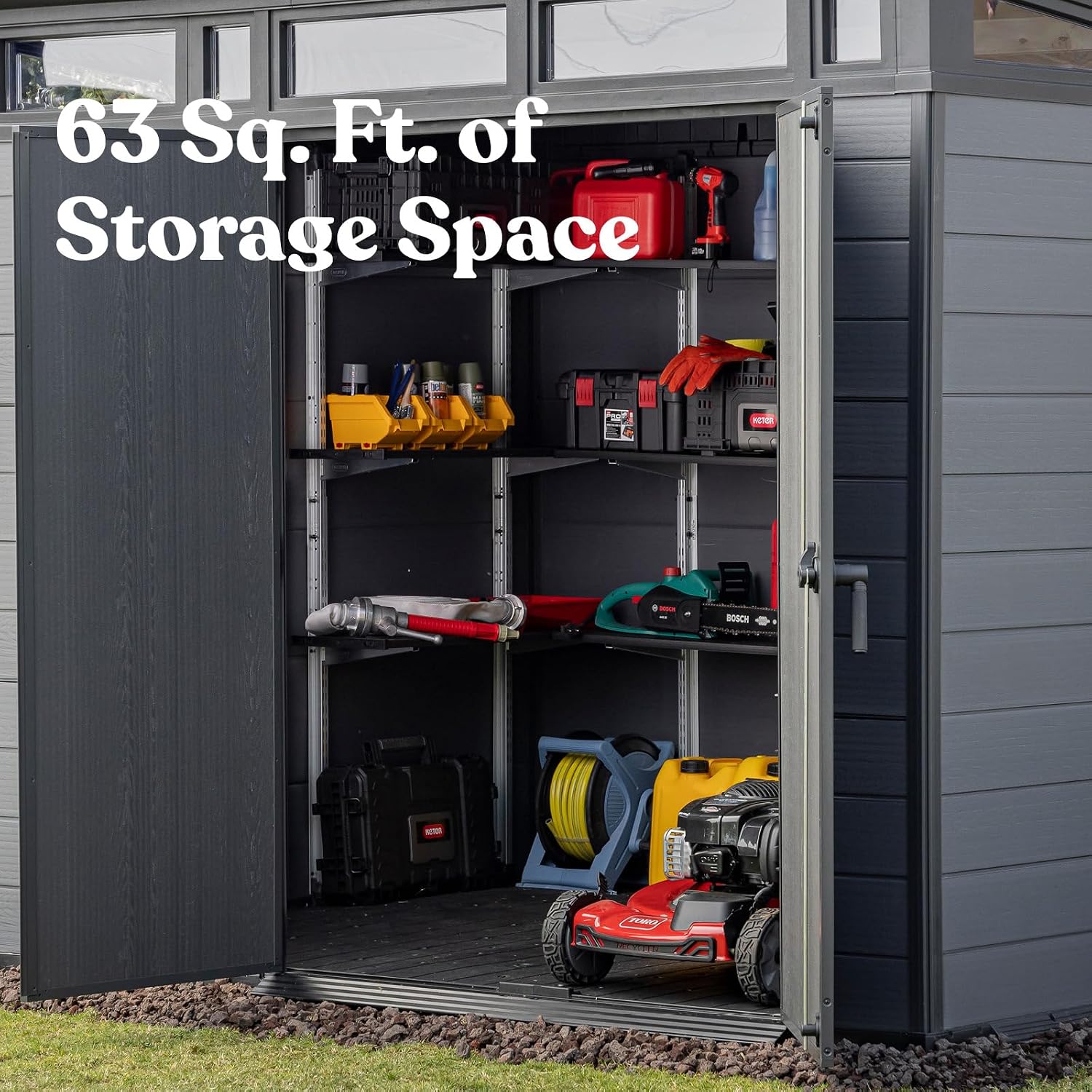 Keter Cortina 9x7 Ft All-Weather Storage Shed with Skylight, Window, Built-in Ventilation, Customizable Walls, & Lockable Double Doors, Graphite