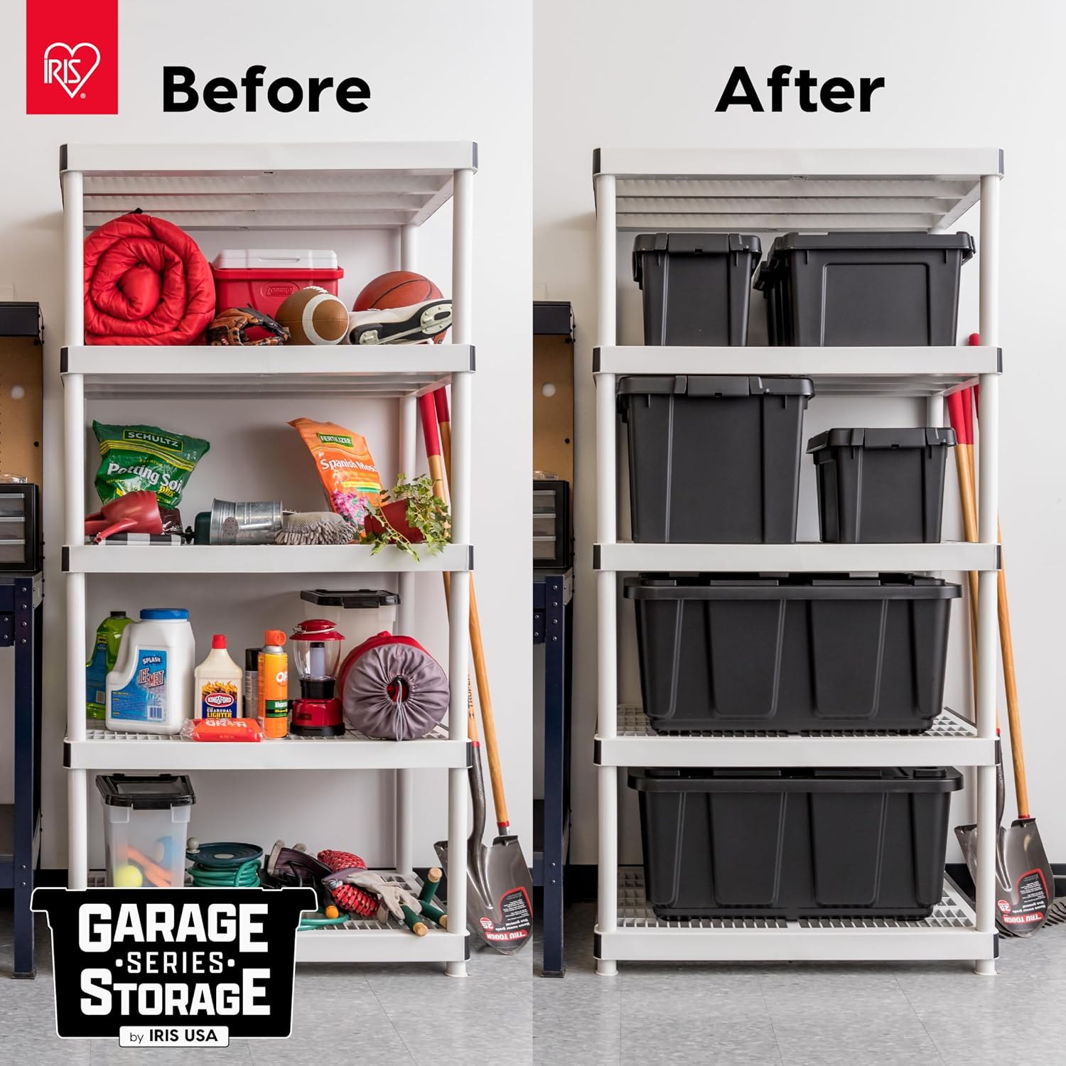 IRIS USA 31 Gallon Heavy Duty Storage Totes with Easy-Grip Handles, 4 Pack - Large Bins with Lids Garage Organizing Tubs, Durable Stackable Utility Containers, Made in USA - Black