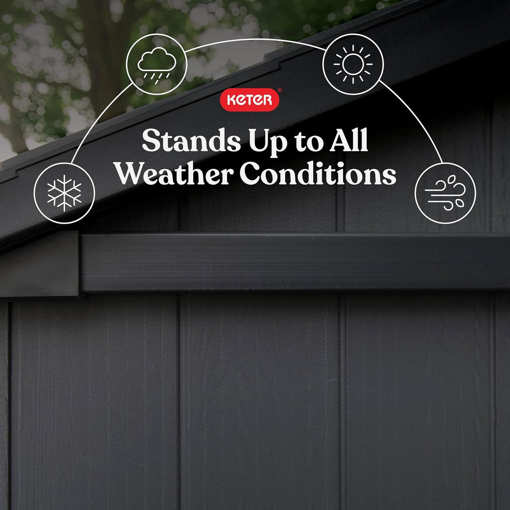 Keter Newton Plus 7.5x11 Ft All-Weather Storage Shed with Skylight, Window, Built-in Ventilation, Customizable Walls, & Lockable Double Doors, Graphite