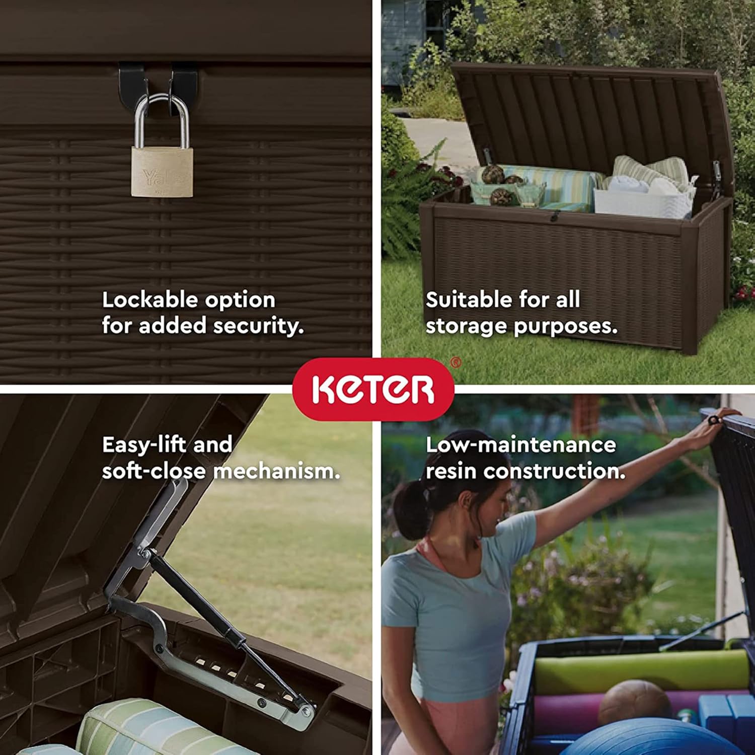 Keter Unity 40 Gallon Stainless Steel Top Grilling Bar Cart with Borneo 110 Gallon Plastic Outdoor Furniture Storage Deck Box, Brown