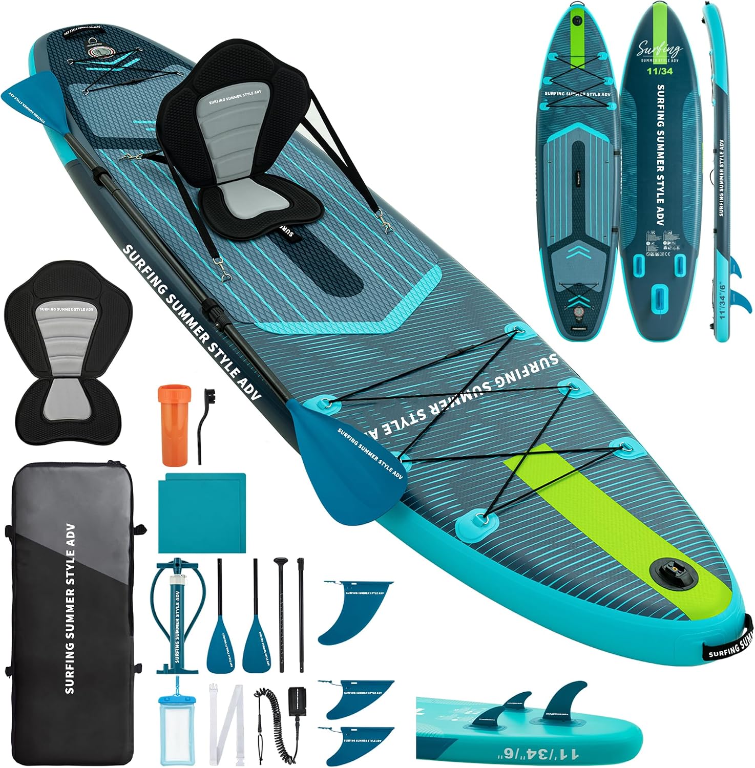 Extra Wide & Long Inflatable Stand Up Paddle Board – 11' x 34' x 6' Premium SUP with Kayak Seat, Surfing & Family Fun | Portable Complete Kit for Travel