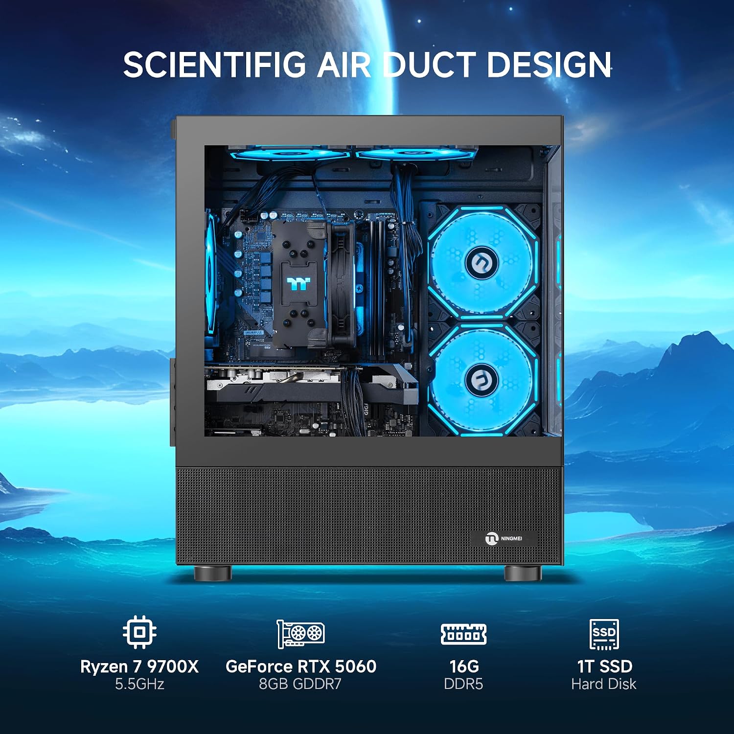 NINGMEI Gaming PC Desktop, AMD Ryzen 7 9700X 8 core 3.8GHz(up to 5.5GHz), GeForce RTX 5060 8GB, 16GB DDR5 RAM 6000MHz, 1TB NVME SSD, 650W PSU, Windows 11 Home 64-bit, WiFi, Black
