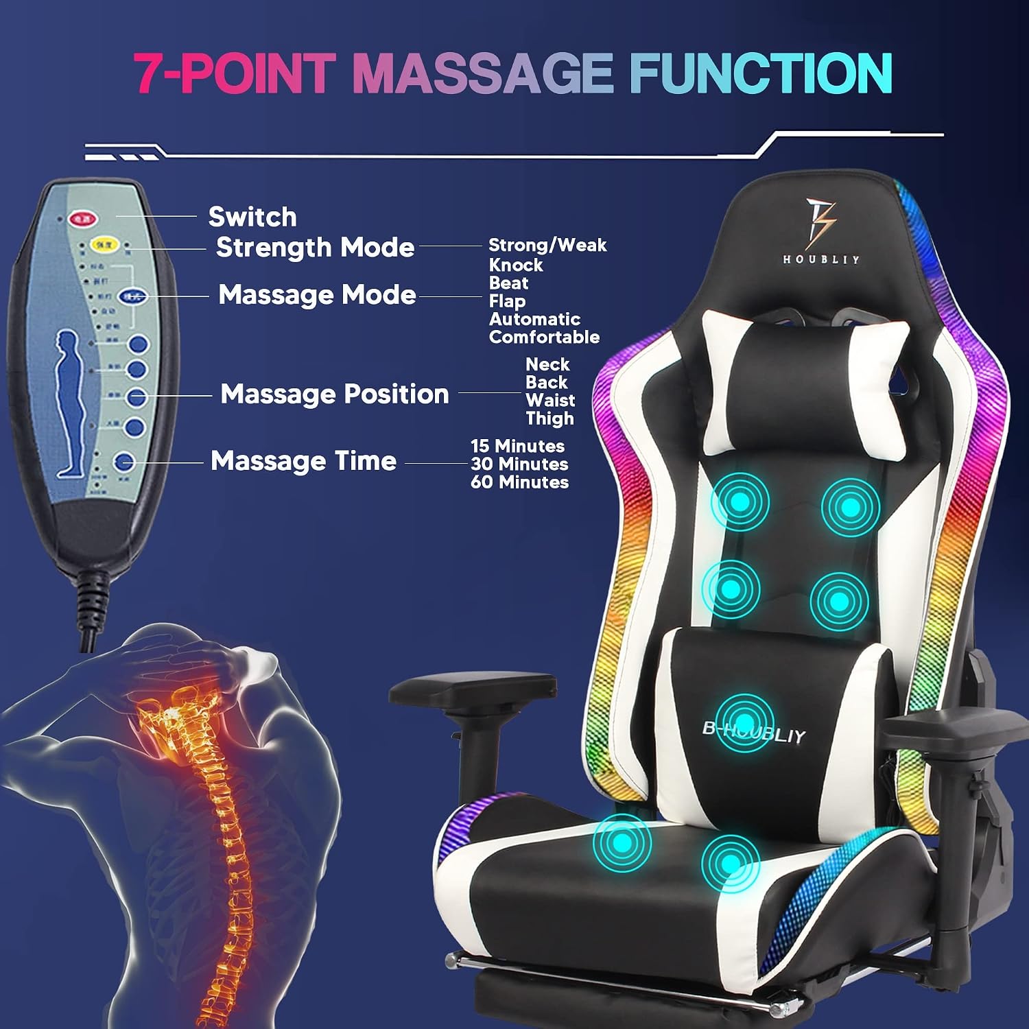 Big and Tall Gaming Chair with Speakers and LED Lights Ergonomic PC Gaming Chair with 7-Point Massage Comfortable Footrest Headrest and Lumbar Support High Back Desk Chair PU Leather,Black