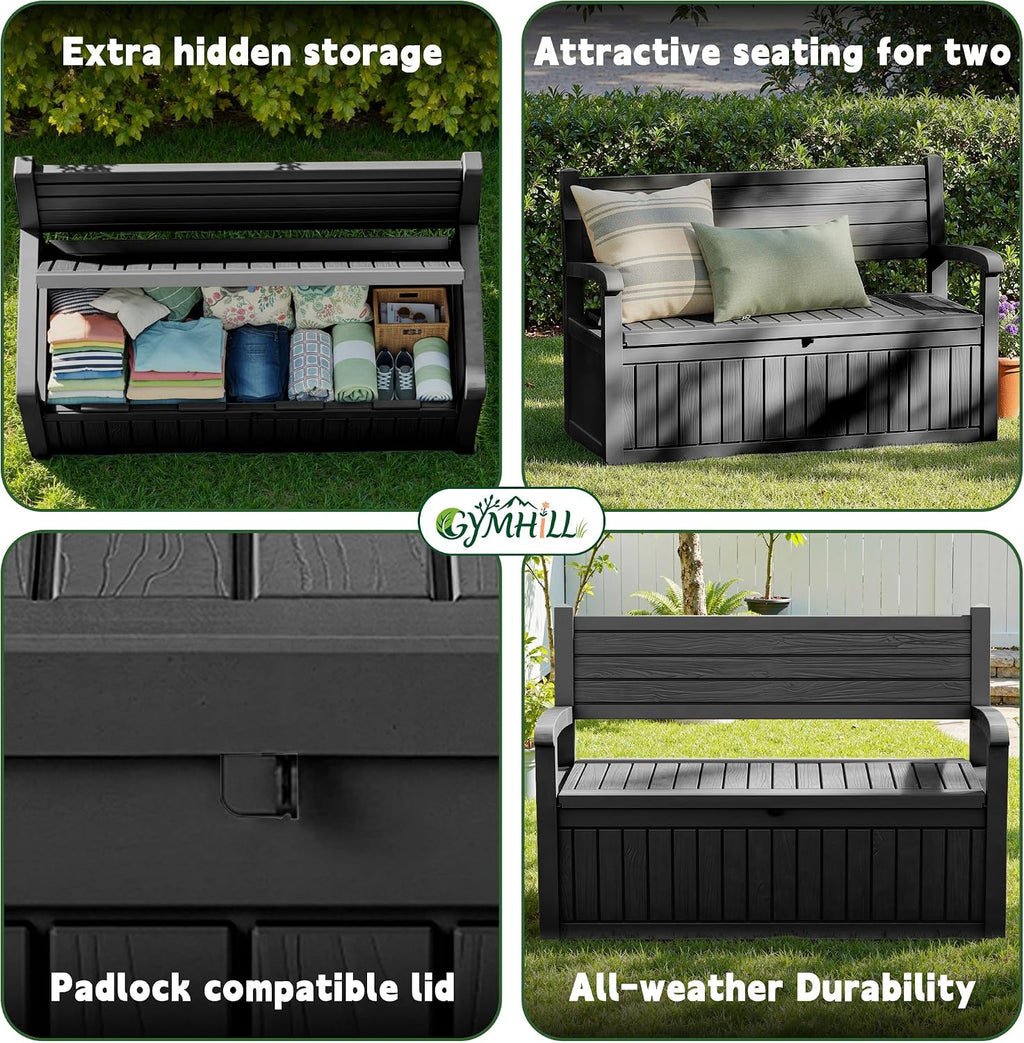 80 Gallon Outdoor Storage Bench Spacious Storage Box Waterproof Resin Deck Box Lockable for Patio, Garden, Living Room & Outdoor Spaces（Black）