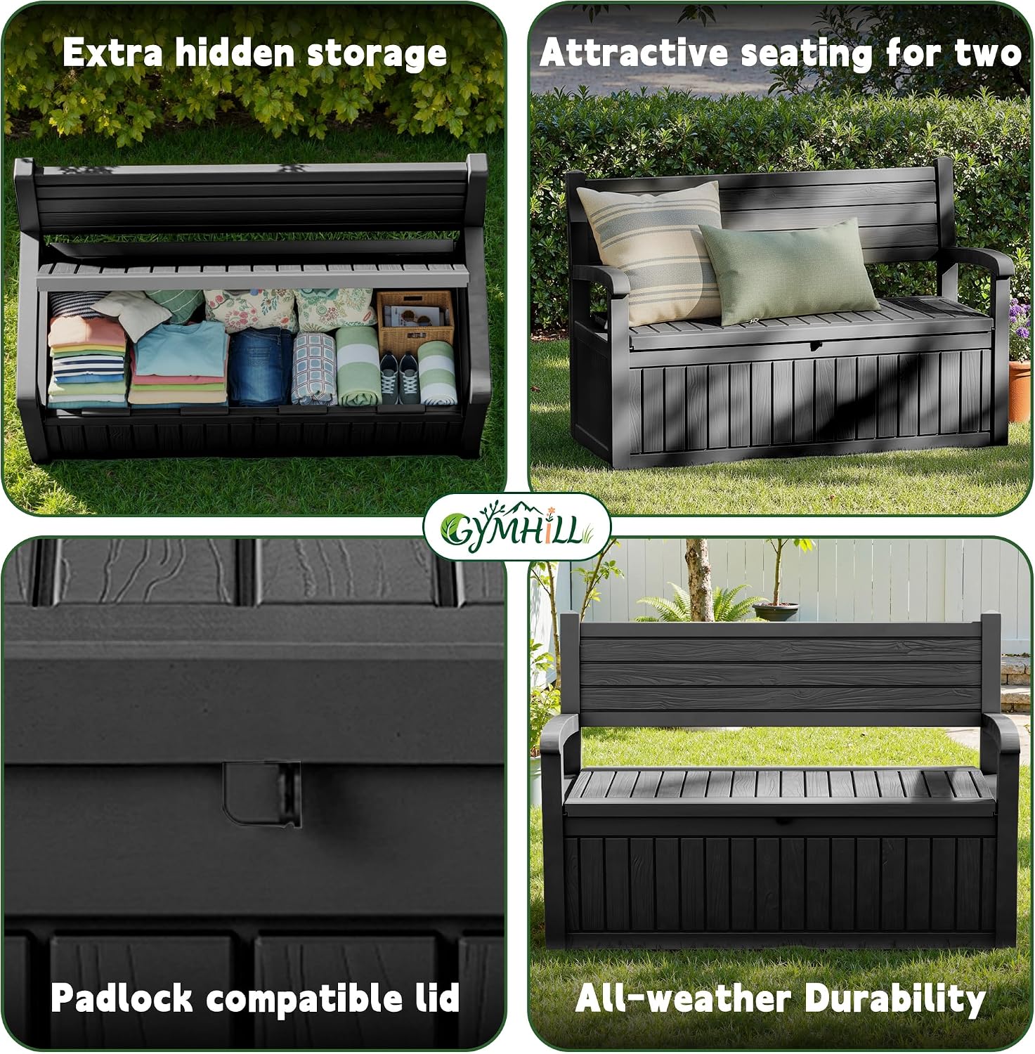 80 Gallon Outdoor Storage Bench Spacious Storage Box Waterproof Resin Deck Box Lockable for Patio, Garden, Living Room & Outdoor Spaces（Black）