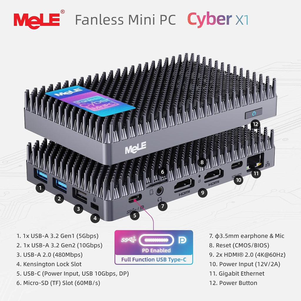 MeLE Mini PC Cyber X1 - N150, Fanless PC, 8GB RAM, 128GB Storage, 2.4/5G Wi-Fi, Full-Functional USB-C, 4K Triple Display Desktop on Home, Office, Education, Astrophotography