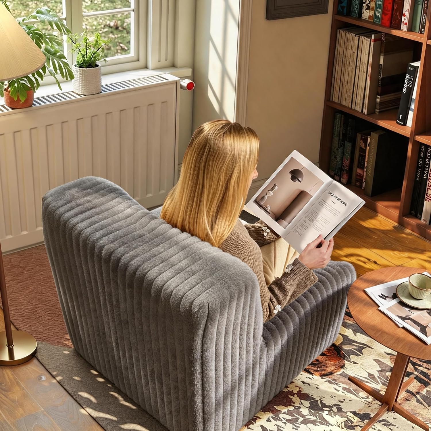 Trenda 32'' Comfy Bedroom Chair for Adult, Boneless Space-Saving Accent Chairs with Spacious Seating, Soft Faux Fur, Ideal Floor Couch for Living Room,College, Dorm to Reading(Grey)