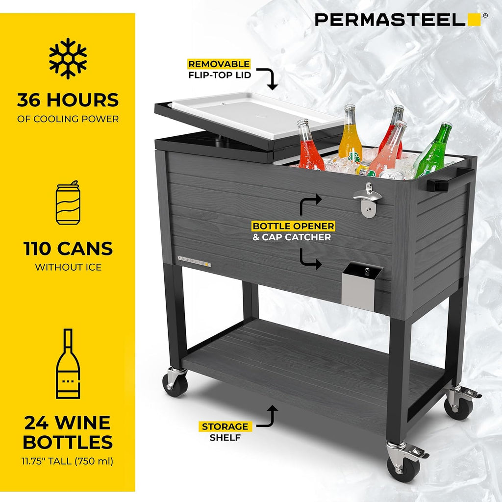 Permasteel 80 Quart Party Cooler, Rolling Ice Chest with Wheels and Handles for Indoor Outdoor Patio