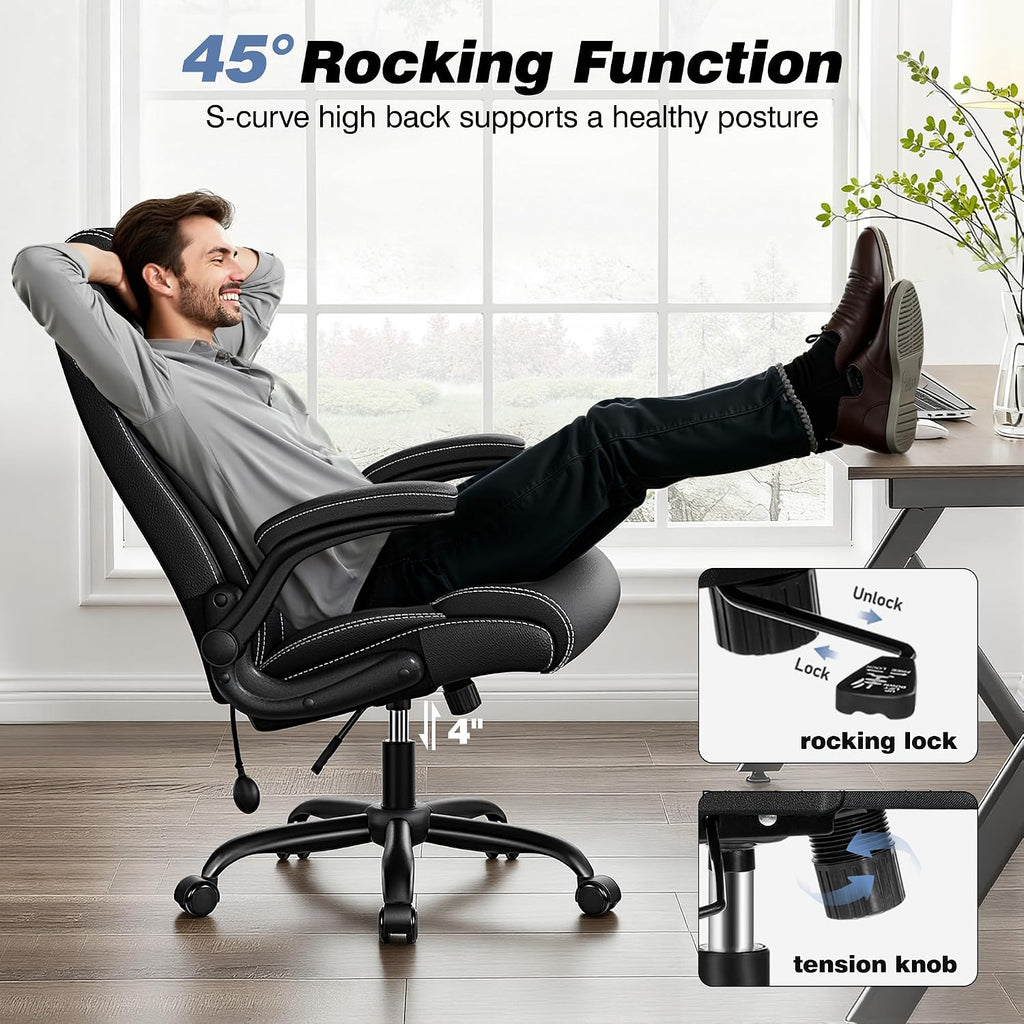 BESTFAIR Ergonomic Office Chair - Desk Computer Chair, Leather High Back Executive Chairs with Adjustable Lumbar Support & Flip Up Arms, Black 2 Pack
