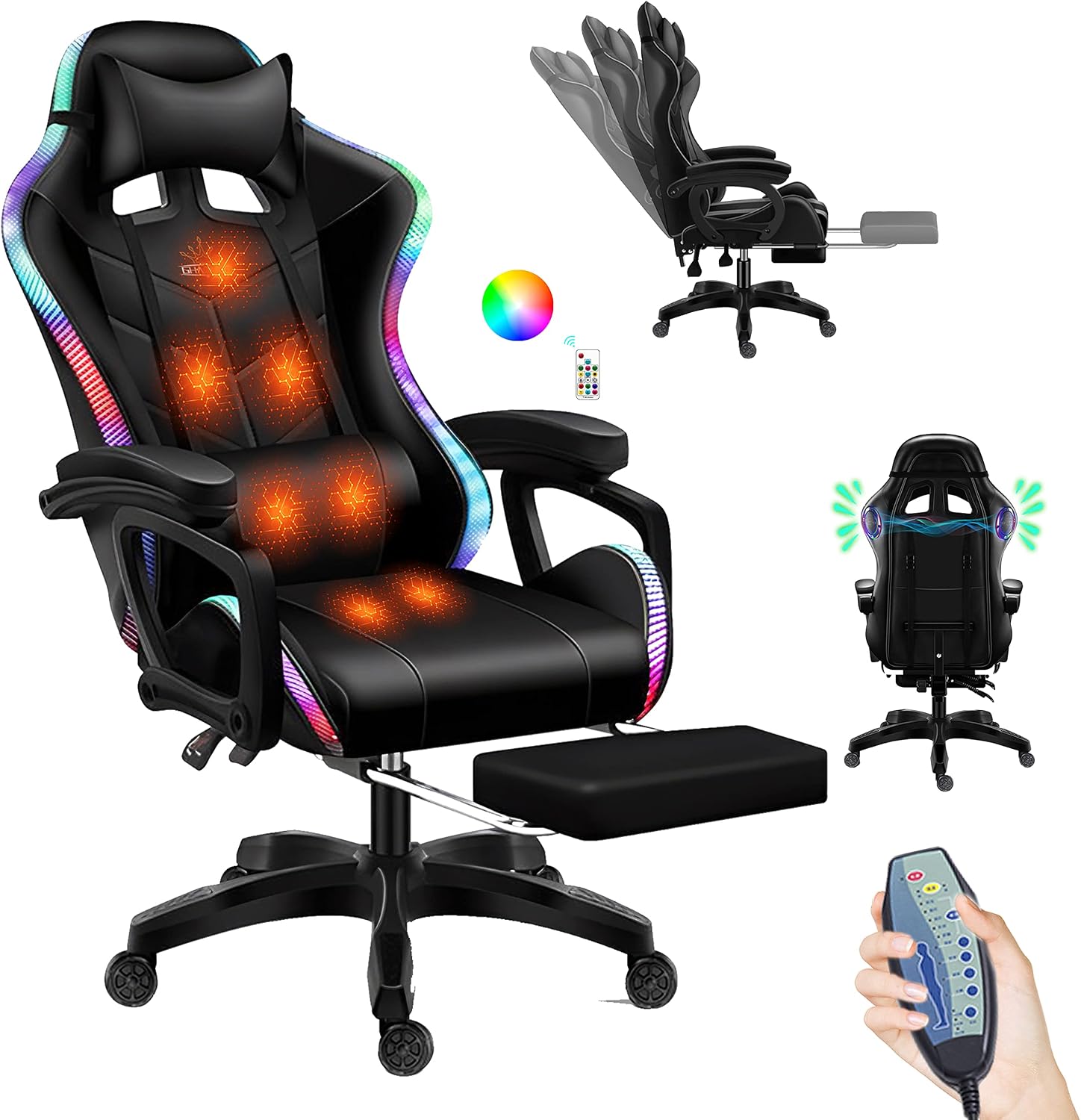 Gaming Chair, Gaming Chair with 7-Point Massage Function, Computer Chair with Speakers and RGB Lights, Ergonomic Racing Chair, Gaming Chair for Adults with Headrest and Lumbar Pillow.,Black