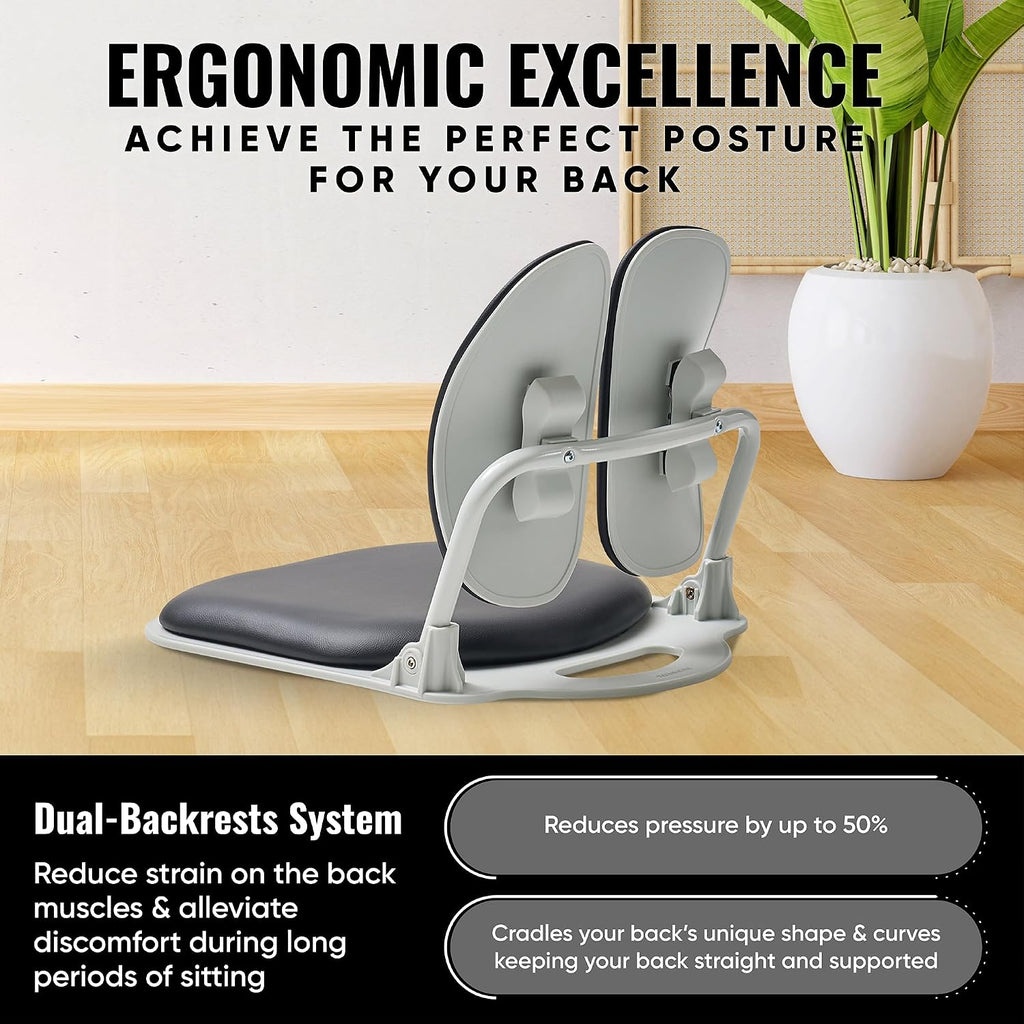 【Premium Dual-Backrests】 Made in Korea Ergonomic Floor Chair with Back Support - Meditation Chair, Floor Gaming Chair, Reading Chair, Floor Chairs for Adults, Foldable Chair (Black Leather)