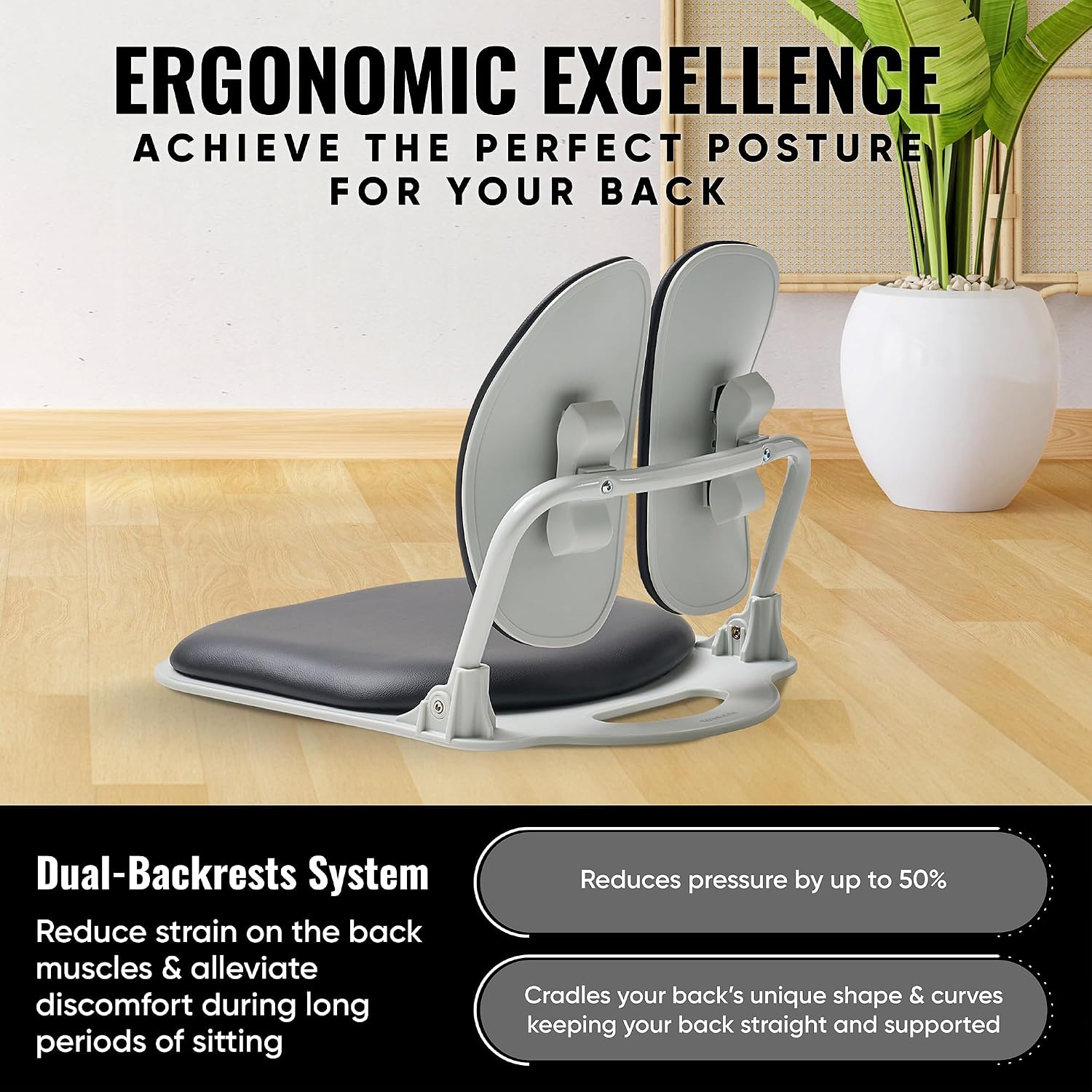 【Premium Dual-Backrests】 Made in Korea Ergonomic Floor Chair with Back Support - Meditation Chair, Floor Gaming Chair, Reading Chair, Floor Chairs for Adults, Foldable Chair (Black Leather)