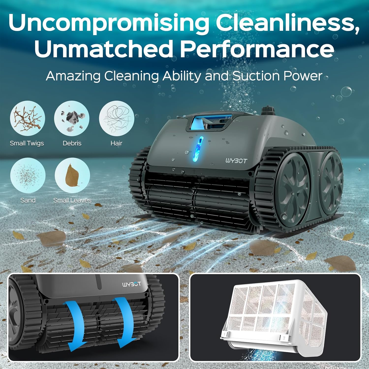 (2024 New) WYBOT C1 Max Robotic Pool Vacuum with APP, Manual Mode Switching & Wall Climbing Pool Cleaner, 65W Suction Power, 180~210 Mins, 2152 sq.ft, Infrared Intelligence, Ideal for Inground Pools