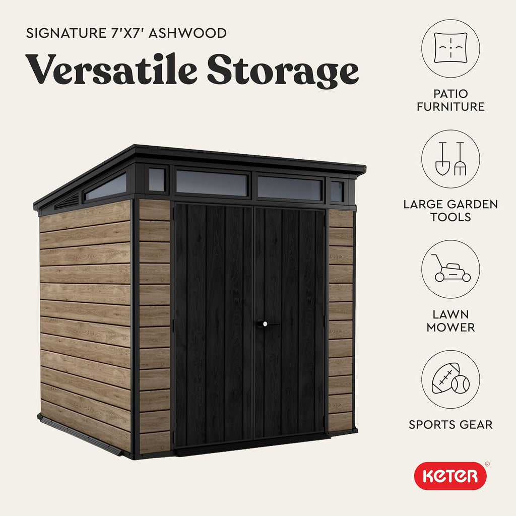 Keter Signature Collection 7x7 Ft All-Weather Storage Shed with Skylight, Window, Built-in Ventilation, & Lockable Double Doors, Ashwood