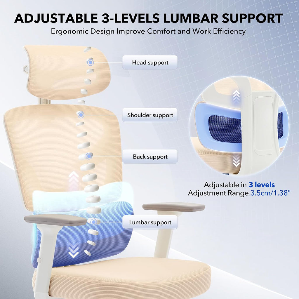 Office Chair Ergonomic Desk Chair - Home Mesh Office Desk Chair with Adjustable Lumbar Support, High-Back Computer Gaming Chair with Headrest 3D Armrests, Rolling Swivel Task Chairs for Home, Office
