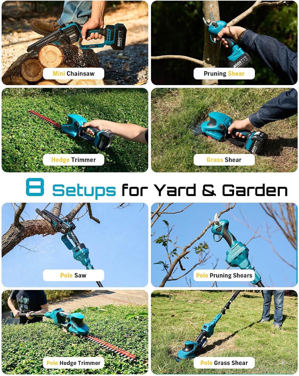 SEESII Cordless Pole Chainsaw, Hedge Trimmer, Pruning Shears, 4000mAh Battery Powered Extendable Garden Tool Kit for Outdoor Use, Electric Long Reach Saw, Hedge and Grass Trimmer, Pruner for Yard Care