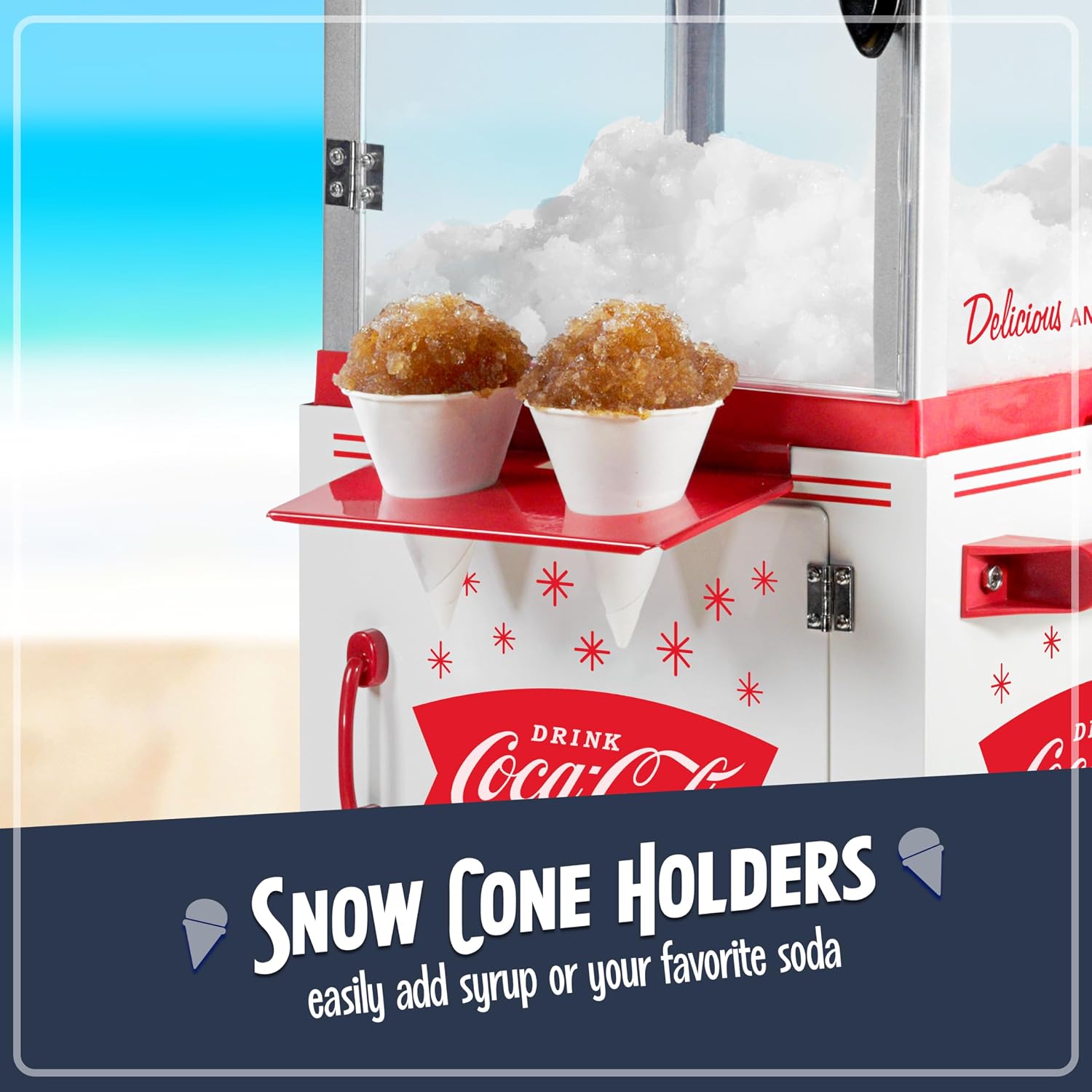 Nostalgia Coca-Cola 48-Inch Tall Snow Cone Cart, Makes 48 Icy Treats, Includes Metal Scoop, Storage Compartment, Wheels For Easy Mobility – Coke Red