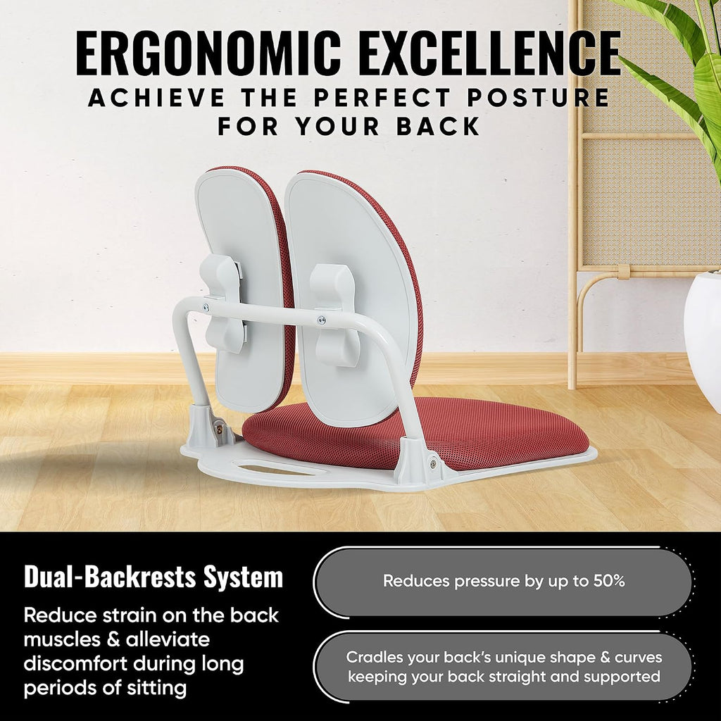 【Premium Dual-Backrests】 Made in Korea Ergonomic Floor Chair with Back Support - Meditation Chair, Floor Gaming Chair, Reading Chair, Floor Chairs for Adults, Foldable Chair (Red)