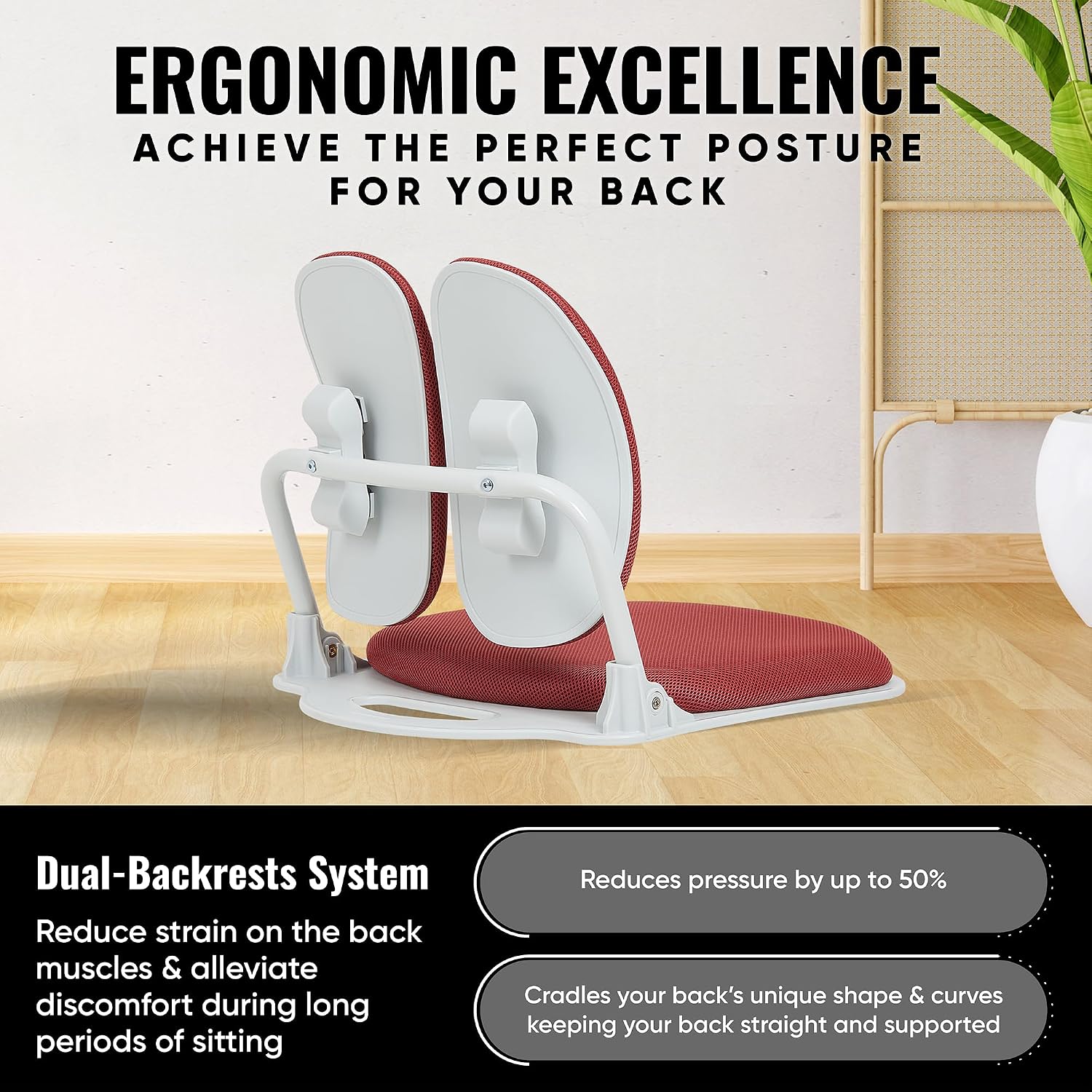 【Premium Dual-Backrests】 Made in Korea Ergonomic Floor Chair with Back Support - Meditation Chair, Floor Gaming Chair, Reading Chair, Floor Chairs for Adults, Foldable Chair (Red)