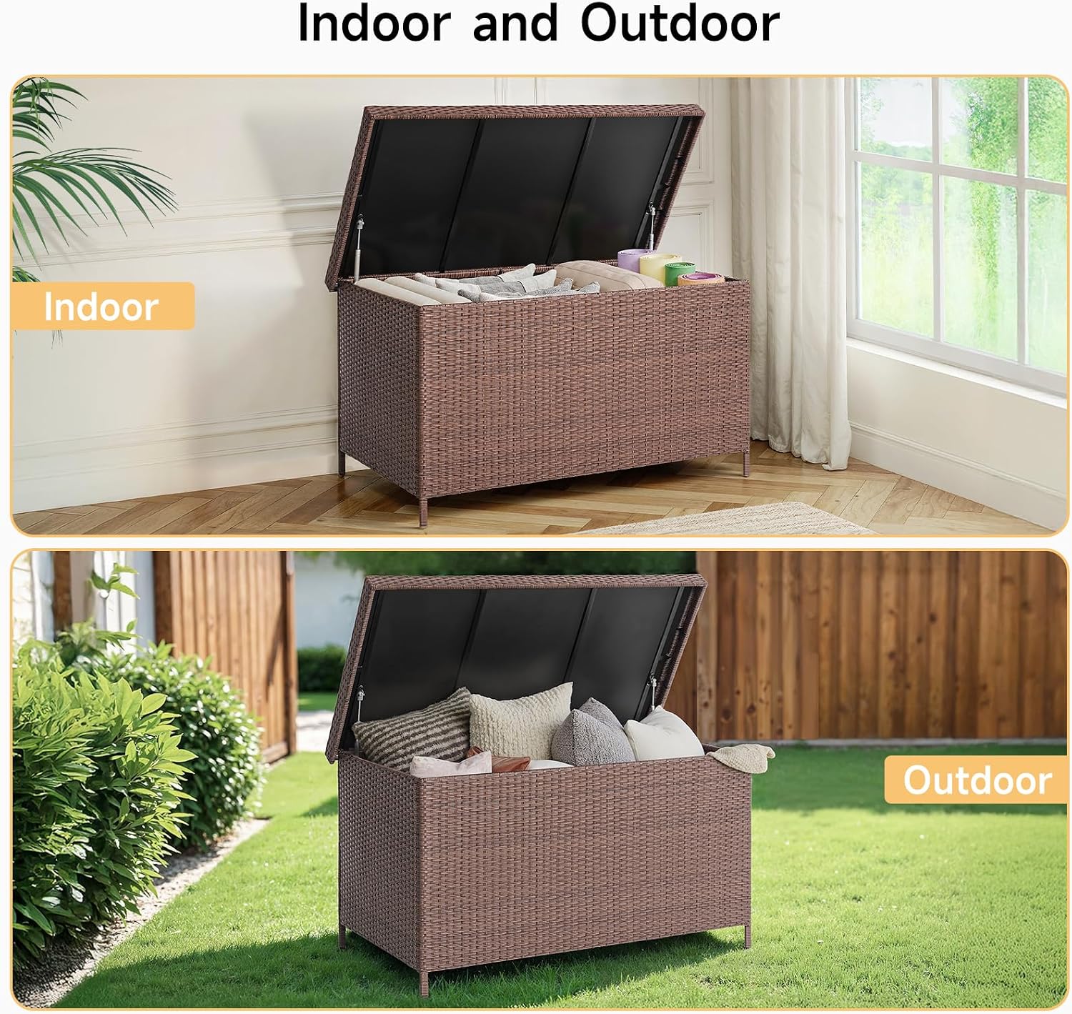 ONBRILL 158 Gallon XL Deck Box with Lid, All Weather Wicker Outdoor Storage Box Waterproof, Large Outdoor Patio Storage Bin for Cushions, Garden Tools, Gears, Brown