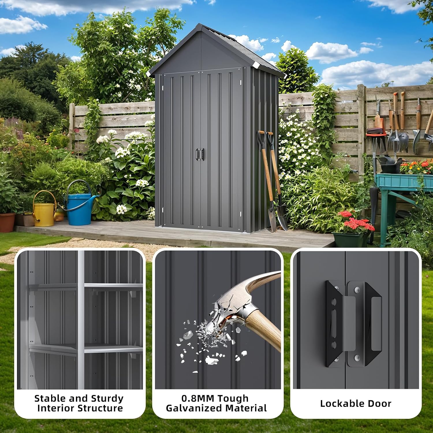 AECOJOY Outdoor Storage Cabinet Waterproof with 3 Adjustable Shelves, Vertical Tall Outdoor Storage Cabinet, Large Capacity Storage Tool Cabinet Box for Backyard Garden Patio Lawn, Dark Grey