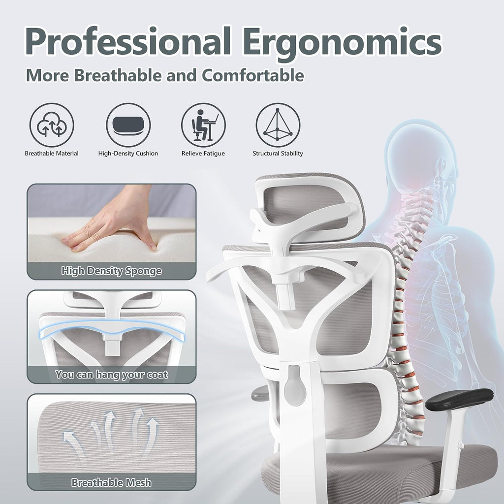 Winrise Office Chair Ergonomic Desk Chair, High Back Gaming Chair, Big and Tall Reclining Chair Comfy Home Office Desk Chair Lumbar Support Breathable Mesh Computer Chair Adjustable Armrests (Gray)