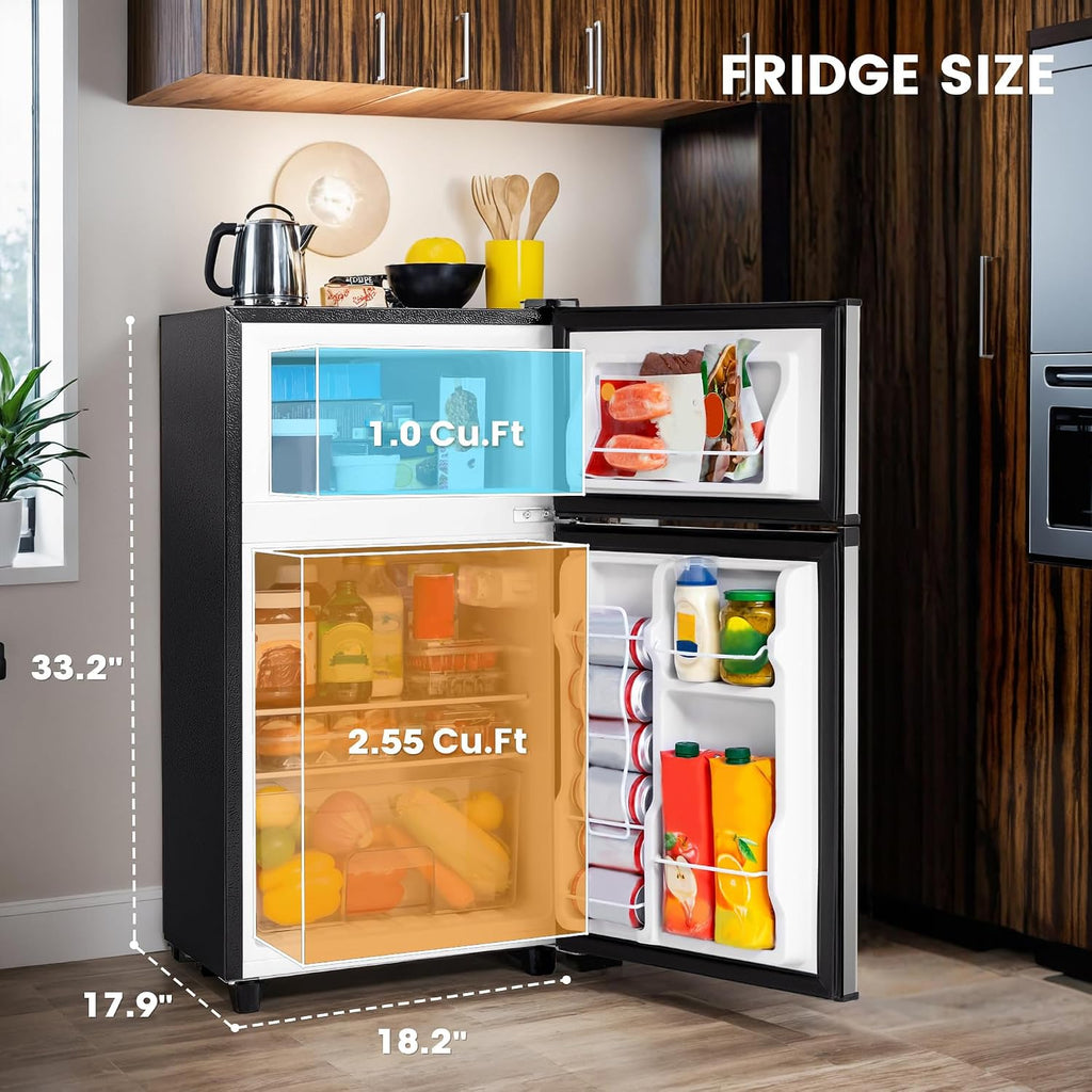 Manastin 3.55 Cu.Ft Mini Fridge with Freezer - 2 Doors for Office, Kitchen, Dorm and Bedroom, Mini Refrigerator with Adjustable Shelves (Silver)