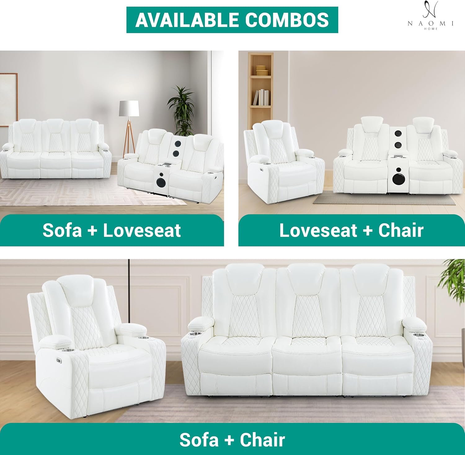 Naomi Home Chicago Power Recliner Chair with LED Lights, USB Charging Port, Adjustable Headrest, Cup Holders & Detachable Tray Tables, Faux Leather Home Theater Seating Recliner - White