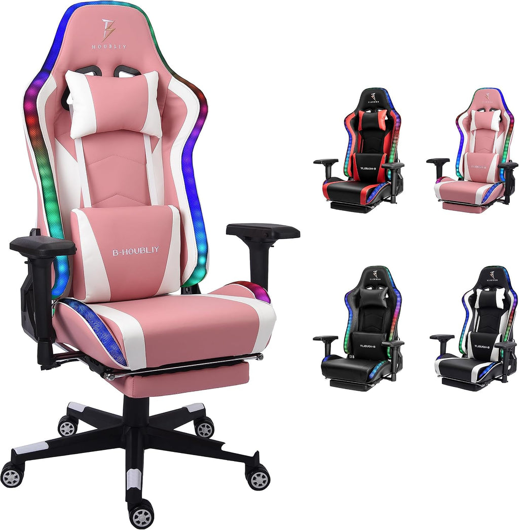 Ergonomic Gaming Chair with Speakers and LED Light - Full Massage Lumbar Support, High Back Office Chair - Recliner with Footrest and Lumbar Support, Adults Teens Computer Chair.,Pink