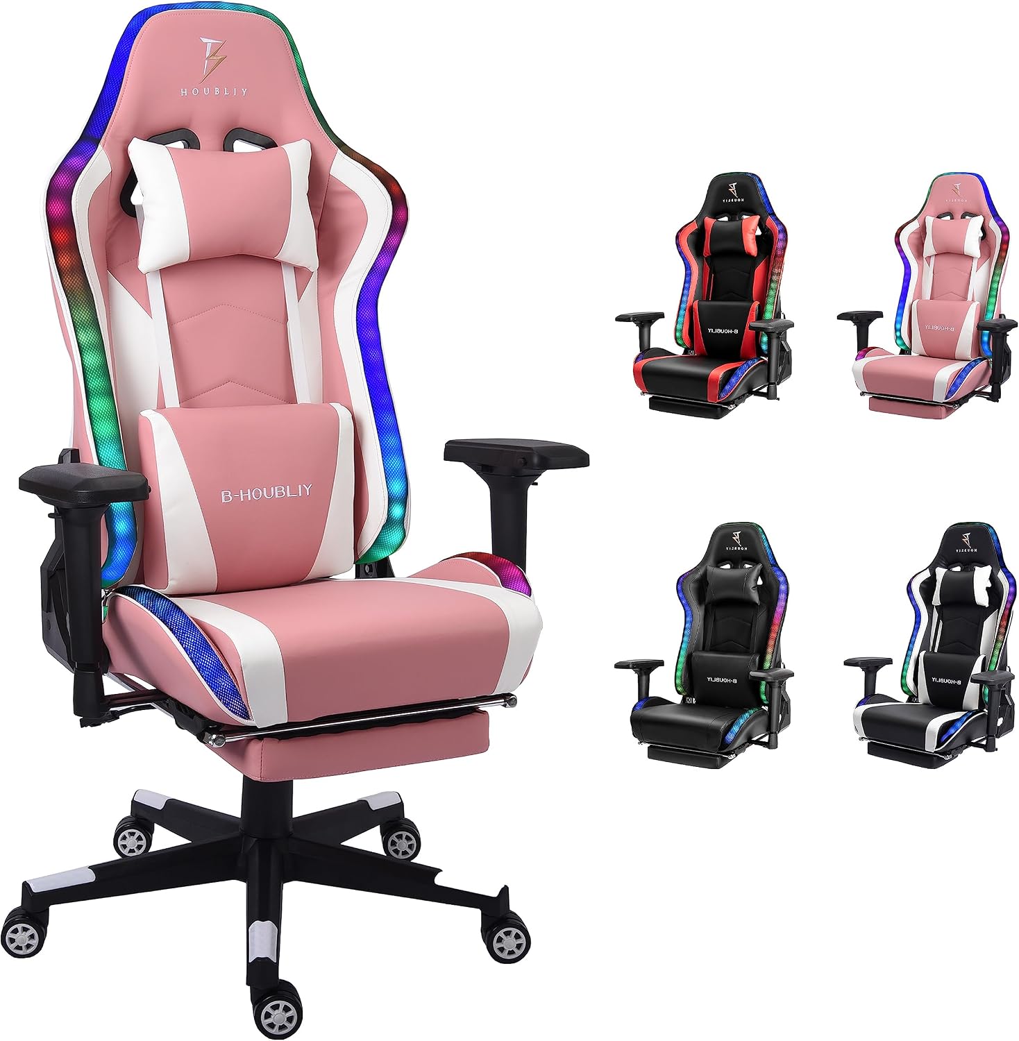 Ergonomic Gaming Chair with Speakers and LED Light - Full Massage Lumbar Support, High Back Office Chair - Recliner with Footrest and Lumbar Support, Adults Teens Computer Chair.,Pink