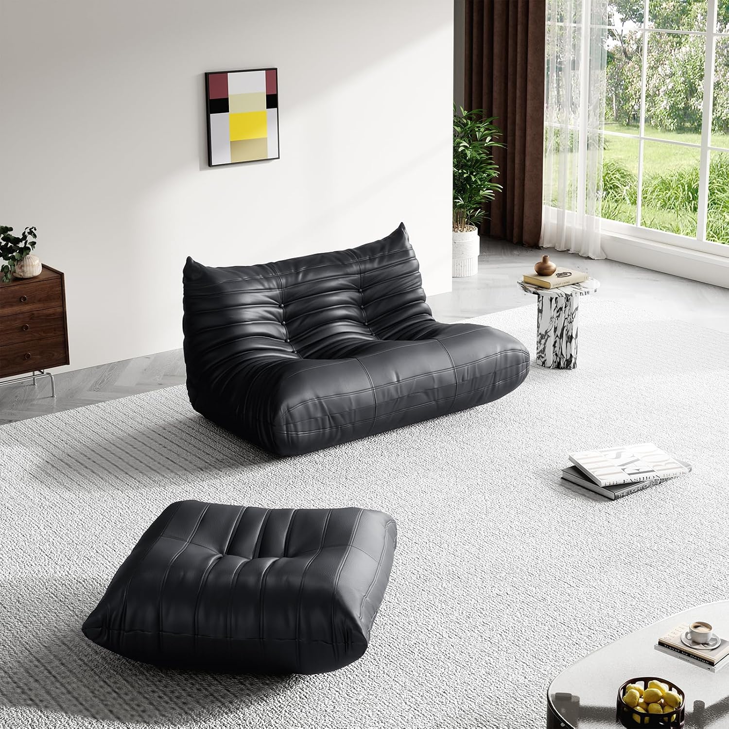 Foam Bean Bag Chairs for Adults,Big Faux Leather Bean Bag Lounger Couches, Modern Sofa,Floor Lazy Sponge Couch for Living Room Bedroom Dorm Office,Black