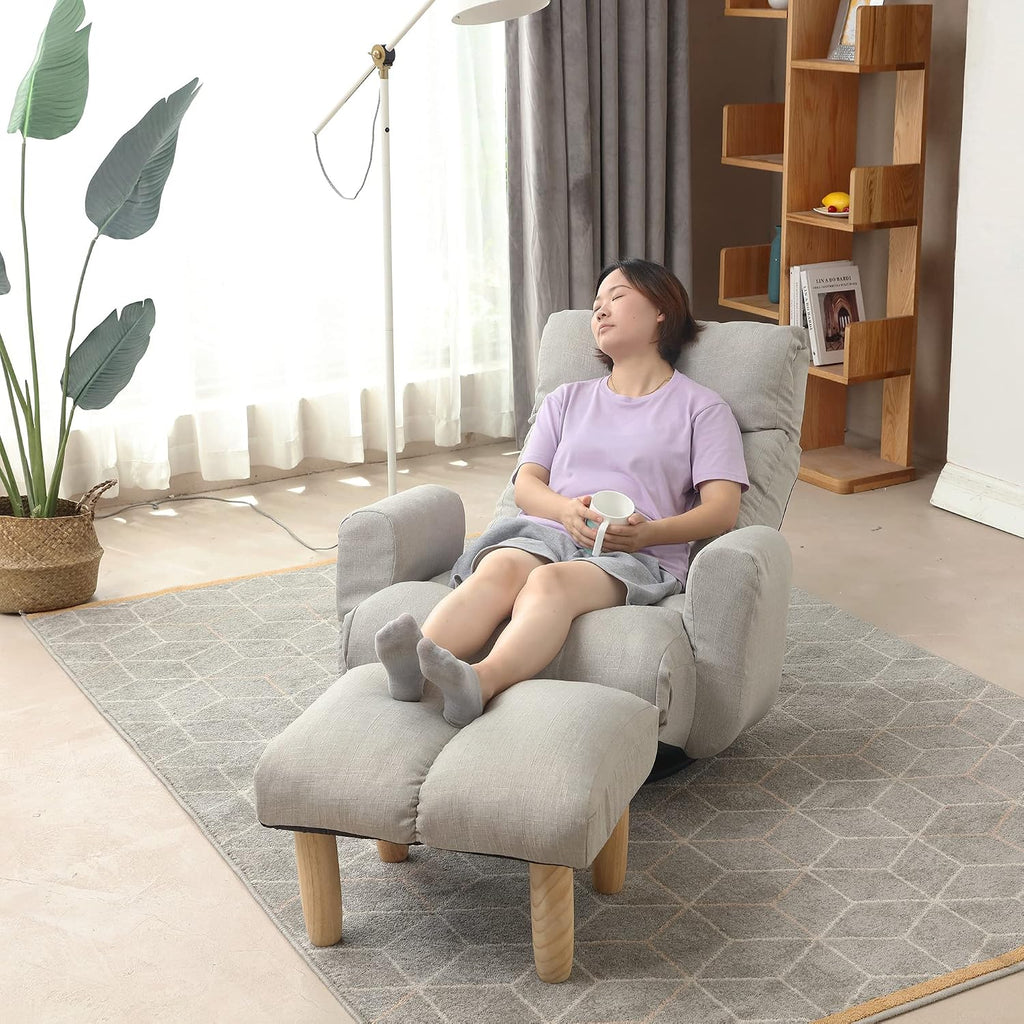 Yoglad Japanese Style Chaise Lounge Sofa Chair Floor Gaming Chair Lazy Sofa for Reading Game Meditating, 3 Adjustable Positions with Comfortable Backrest (Grey+Ottoman)