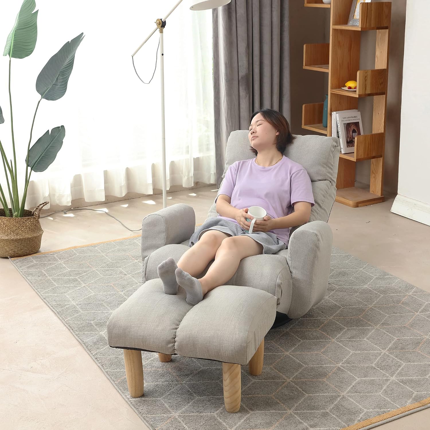 Yoglad Japanese Style Chaise Lounge Sofa Chair Floor Gaming Chair Lazy Sofa for Reading Game Meditating, 3 Adjustable Positions with Comfortable Backrest (Grey+Ottoman)