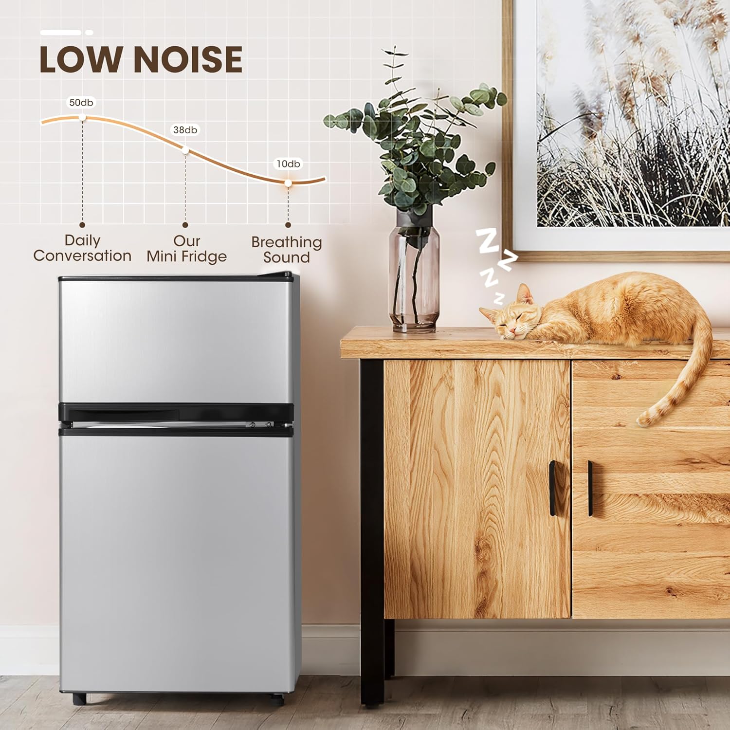 Manastin 3.6 Cu.Ft 2-Door Refrigerator with Freezer, 7-Level Thermostat & Adjustable Shelves, Quiet Operation for Kitchen, Office & Dorm (Silver)