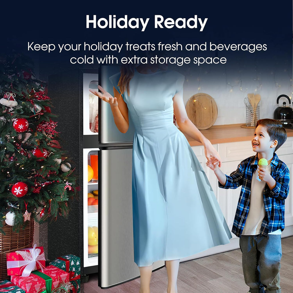Anypro 3.2 Cu.Ft Fridge with Freezer with 2 Doors, Refrigerator with 7 Level Temperatures, LED Light, Adjustable Shelves, Food Storage Cooling Drink for Bedroom, Office, Dorm, Apartment, Silver