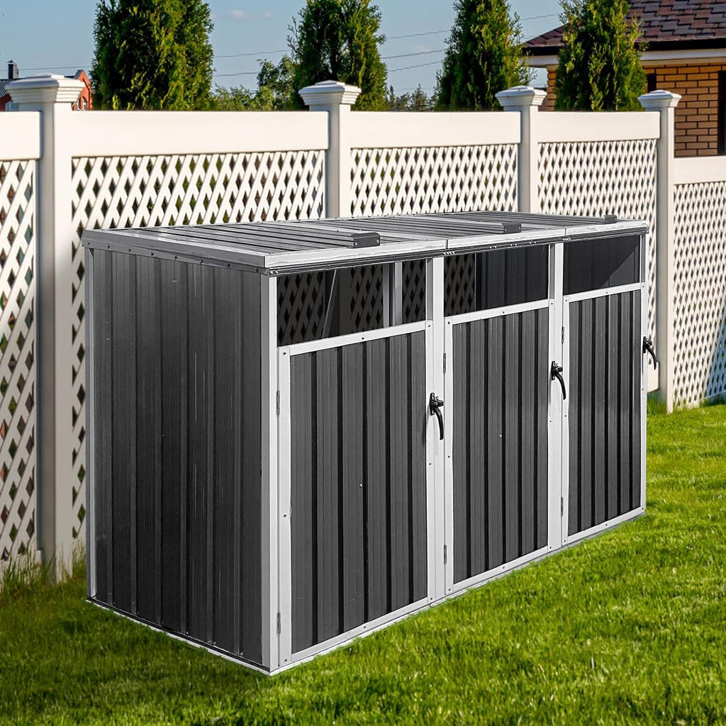 Yozma Metal Garbage Bin Shed – Outdoor Trash Can Storage for 3 Bins, Durable & Weather-Waste Enclosure, Yard Utility Shed for Hide Trash Cans (White & Gray, 87'- 3 Trash Can)