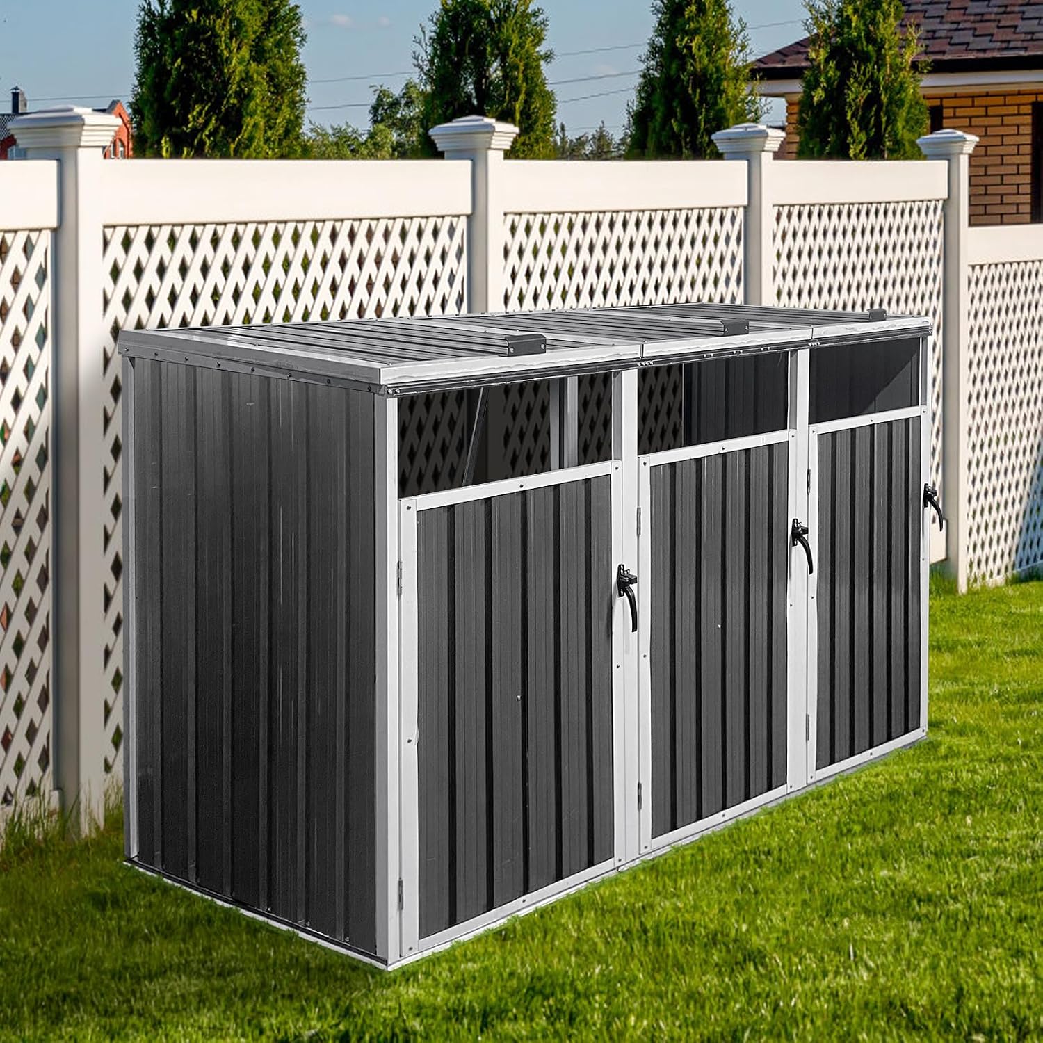 Yozma Metal Garbage Bin Shed – Outdoor Trash Can Storage for 3 Bins, Durable & Weather-Waste Enclosure, Yard Utility Shed for Hide Trash Cans (White & Gray, 87'- 3 Trash Can)