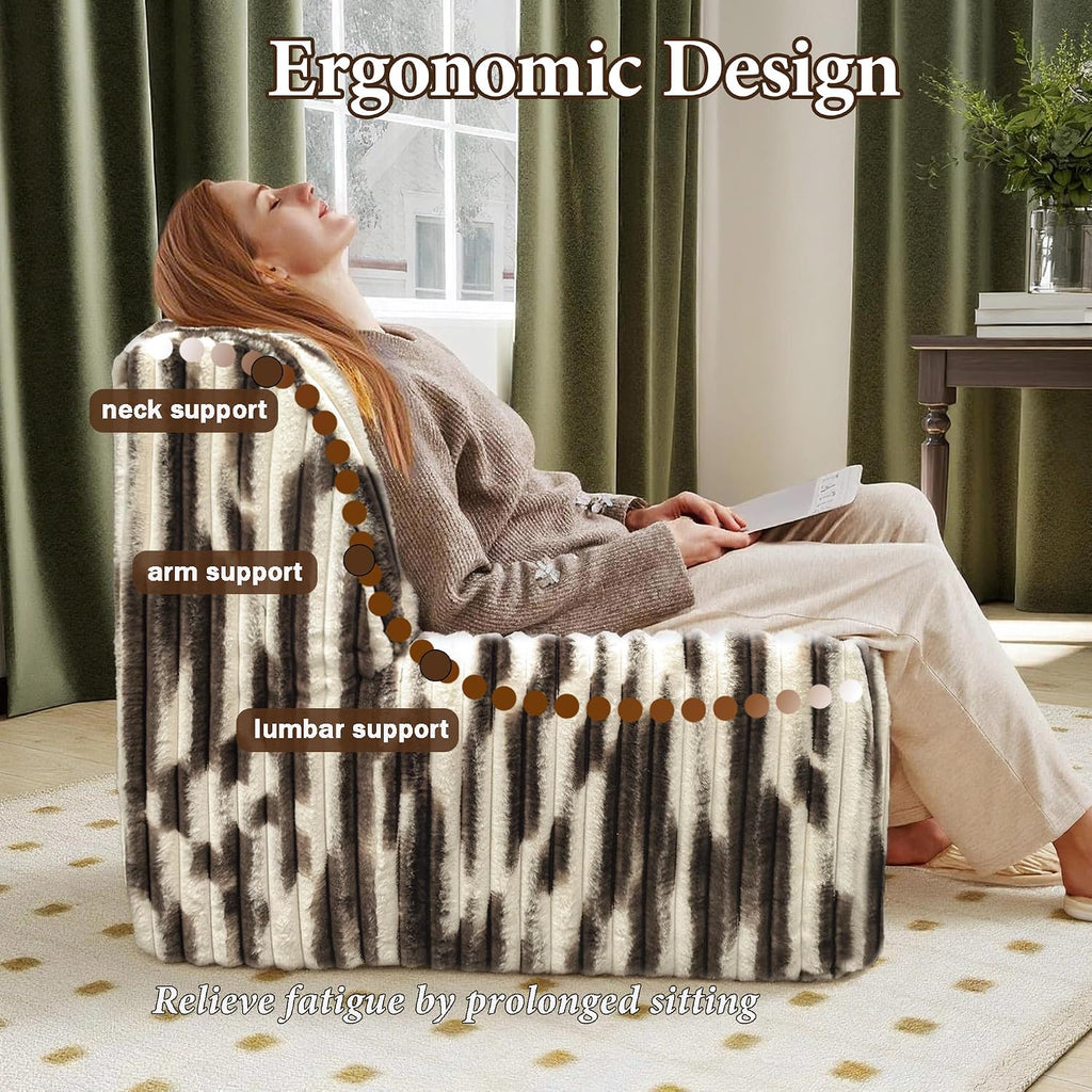 Trenda 32'' Comfy Bedroom Chair for Adult, Boneless Space-Saving Accent Chairs with Spacious Seating, Soft Faux Fur, Ideal Floor Couch for Living Room,College, Dorm to Reading (White& Brown)