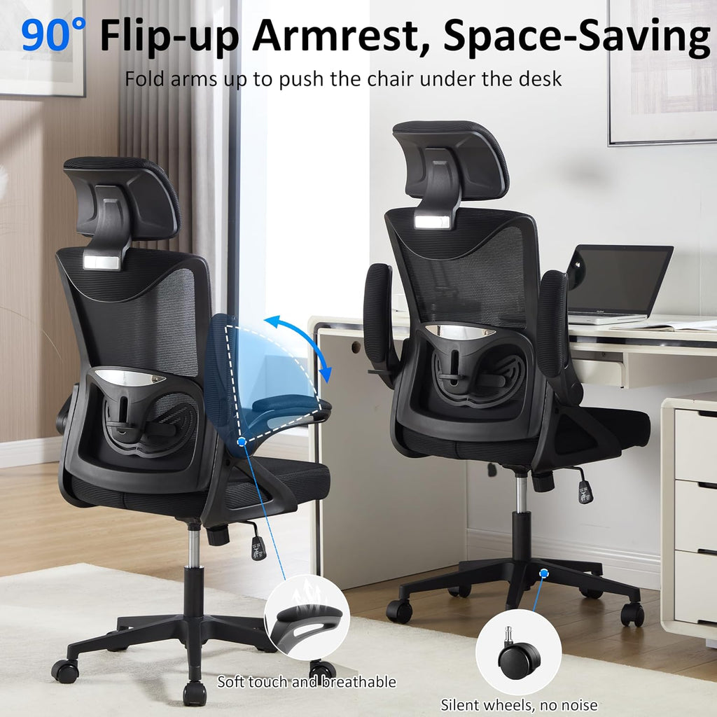 Fizzin Ergonomic Office Chair,Ergonomic Desk Chair with Headrest Mesh Computer Chair with High Back Adjustable Lumbar Support, Rolling Swivel Chairs with Wheel Armrests for Home Office,Black