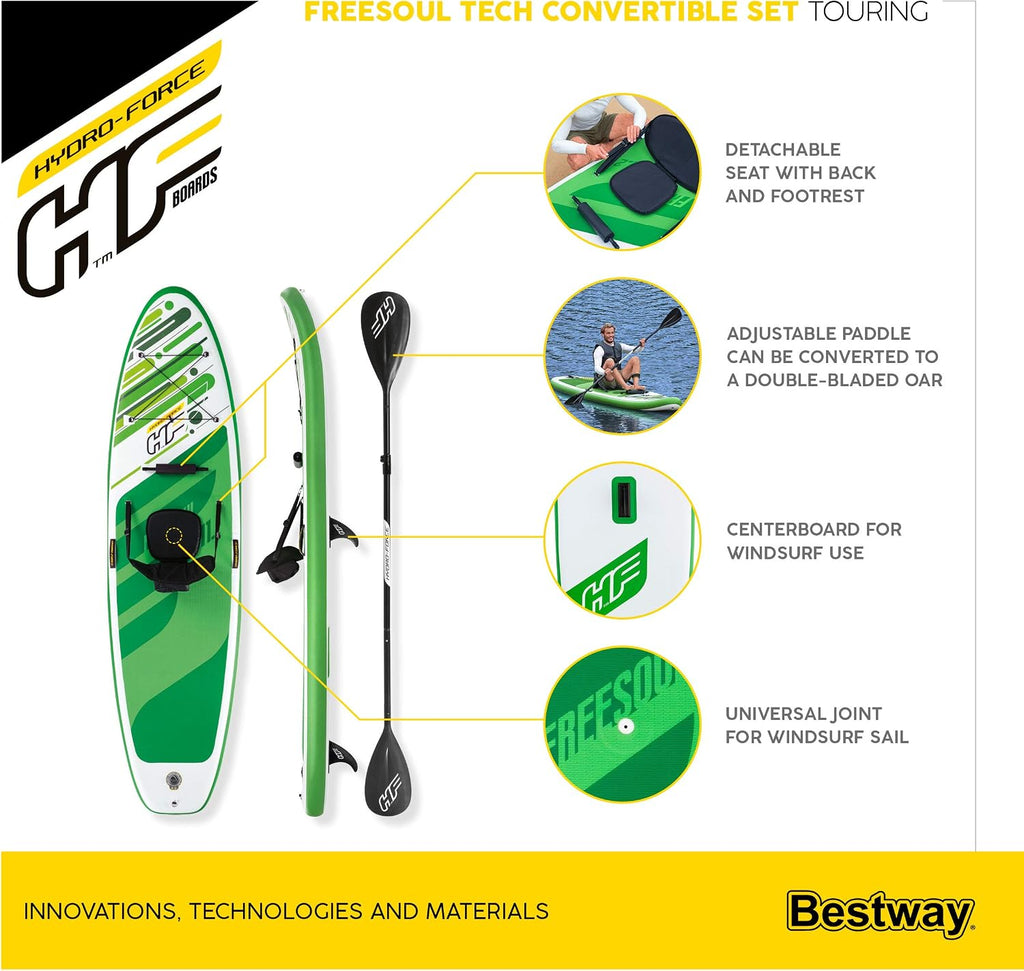 HYDRO FORCE Bestway Freesoul Tech Convertible SUP Set, Inflatable Stand Up Paddle Board with Seat, Green, 11ft 2'