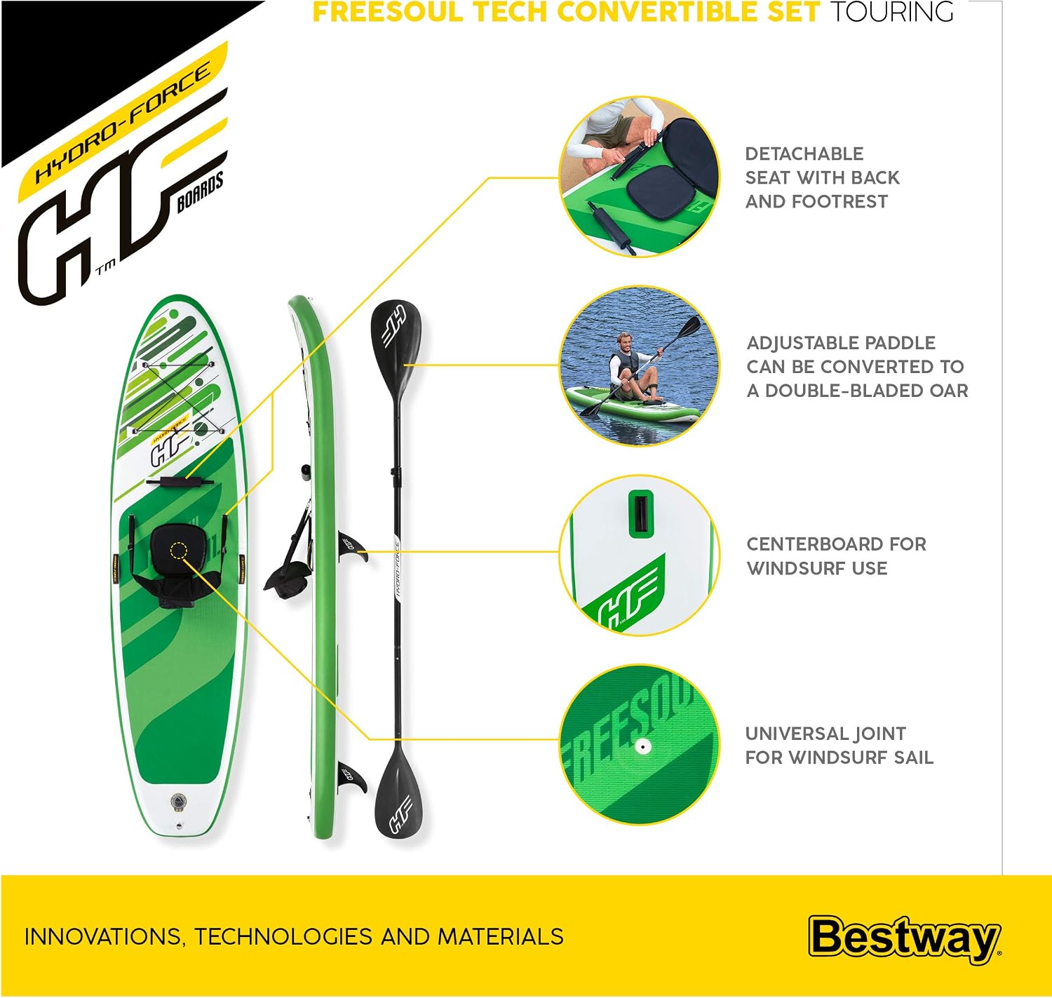 HYDRO FORCE Bestway Freesoul Tech Convertible SUP Set, Inflatable Stand Up Paddle Board with Seat, Green, 11ft 2'