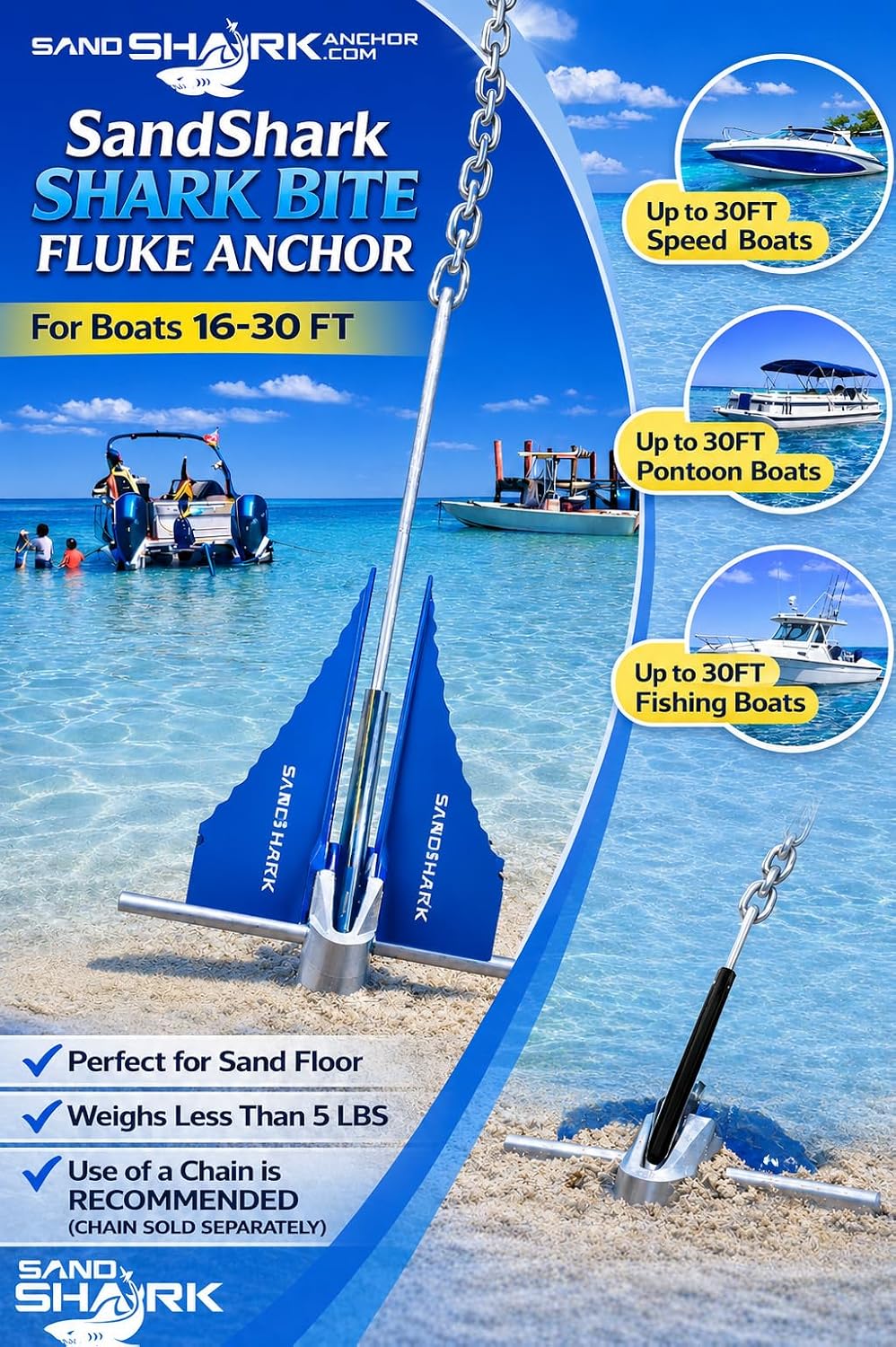 SandShark Premium Fluke Anchor-Retractable Shaft Easy Storage-Aluminum Pontoon Boat Anchor, Jet Ski Anchor. Boats<30 ft. Sand Anchor for Boat, Boat Anchor.