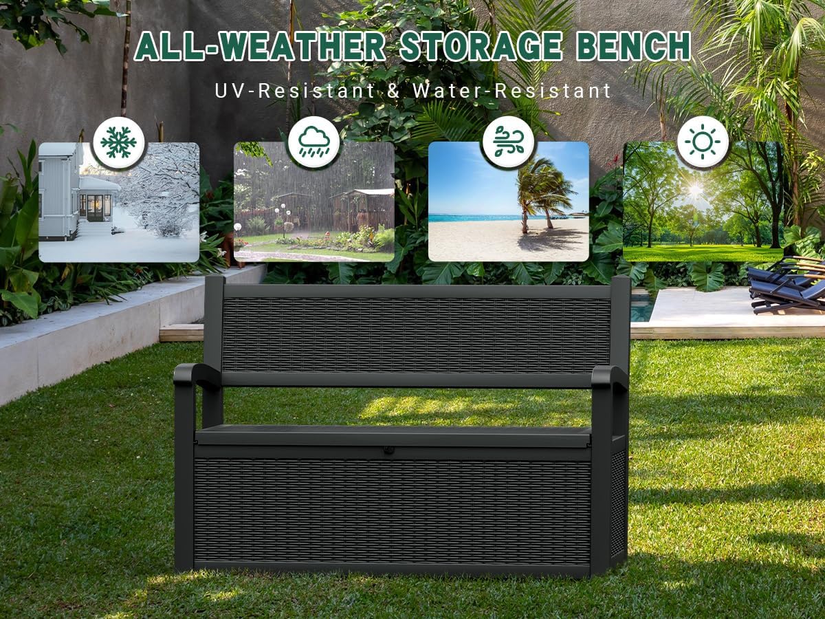 80 Gallon Outdoor Storage Box, Deck Box with Waterproof and UV Resistant, Resin Patio Furniture with Lockable for Garden Tools and Pool Supplies, Black