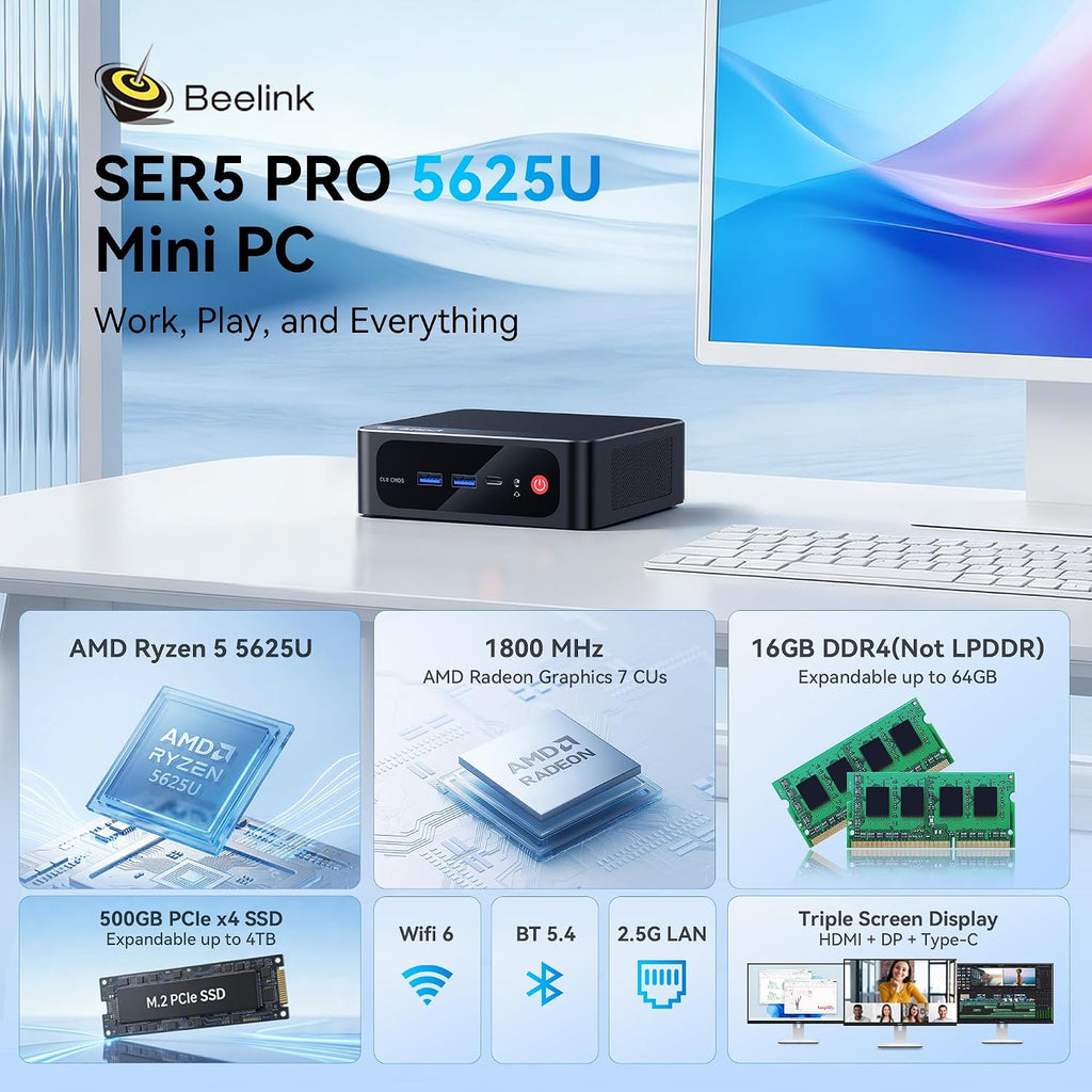 Beelink SER5 Pro Mini PC, Ryzen 5 5625U (6C/12T, Up to 4.3GHz), 16GB DDR4 RAM, 500GB NVMe SSD, Radeon Graphics 7 CUs, Triple Display 4K@60Hz via HDMI/DP/Type-C, WiFi 6/BT 5.4, Compact Office Desktop
