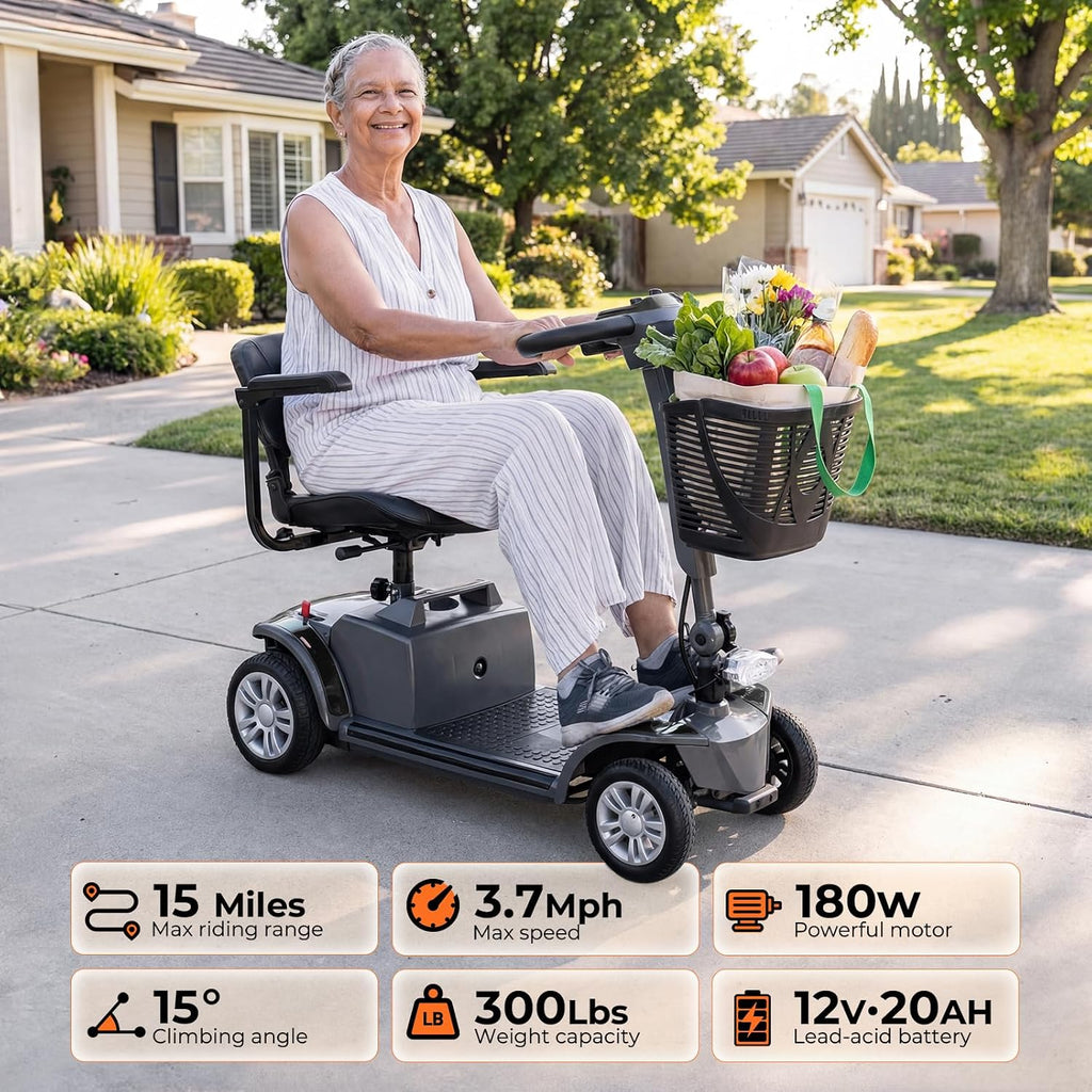 Mobility Scooter for Adults Senior,4 Wheels Electric Powered Scooter,Lightweight Mobility Scooter,with LED Headlights and Basket,Charger Included, Detachable Battery and Rotatable Seat (Grey-Black)