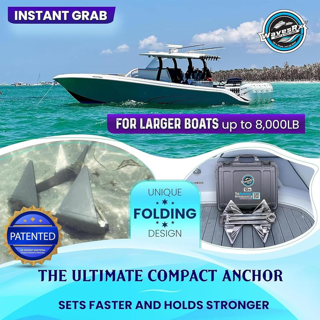 WAVESRX TriAnchor - Stainless Steel Folding PWC & Boat Anchor | Sets Instantly for Effortless Boat & Jet Ski Anchoring | Compact Patent-Pending Design Grips Better Than Plow, Fluke or Box Anchor
