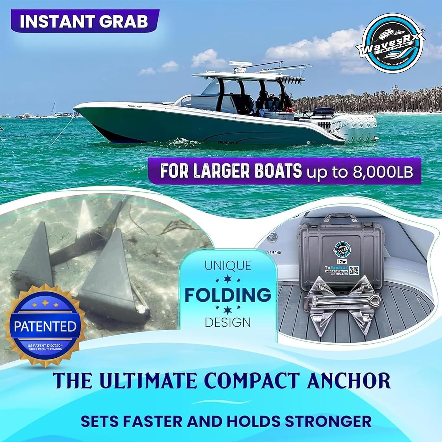 WAVESRX TriAnchor - Stainless Steel Folding PWC & Boat Anchor | Sets Instantly for Effortless Boat & Jet Ski Anchoring | Compact Patent-Pending Design Grips Better Than Plow, Fluke or Box Anchor