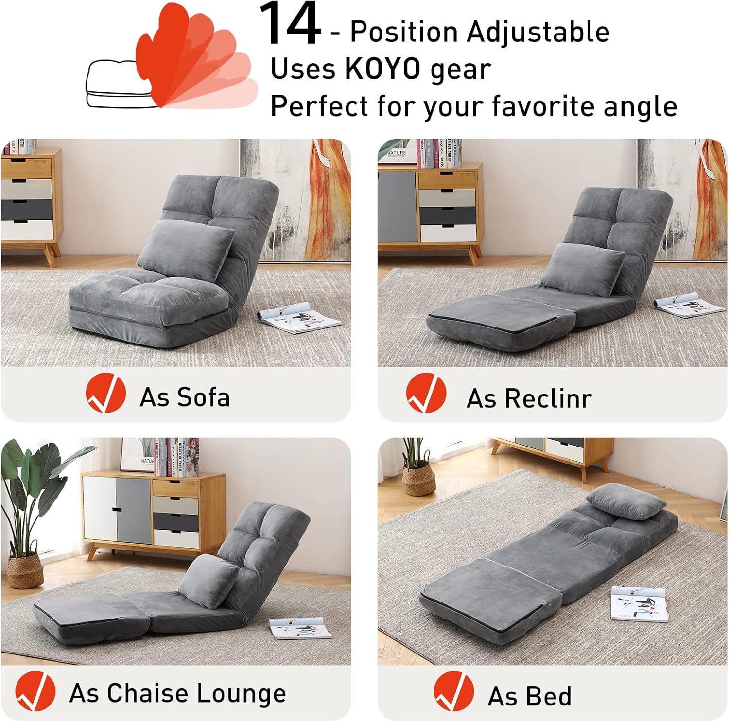 Indoor Chaise Lounge Sofa, Floor Chair with Back Support for Adults, 14 Angle Adjustment Recliner Chair, Folding Floor Lounger with Pillow 8823(Grey)