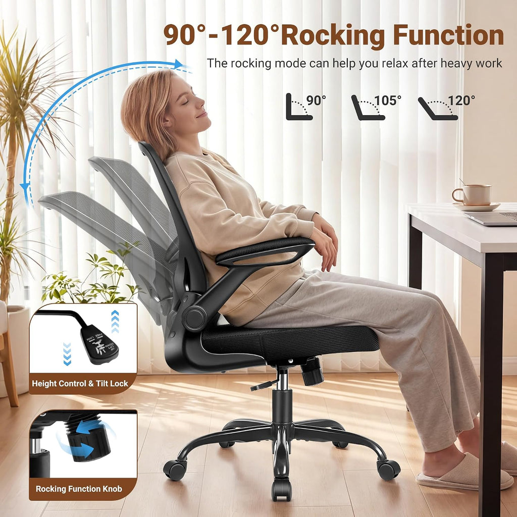 BESTFAIR Ergonomic Office Chair, Mesh Computer Desk Chairs with Lumbar Support, Swivel Desk Chair with Flip-up Arms and Adjustable Height, Black, 2-Pack